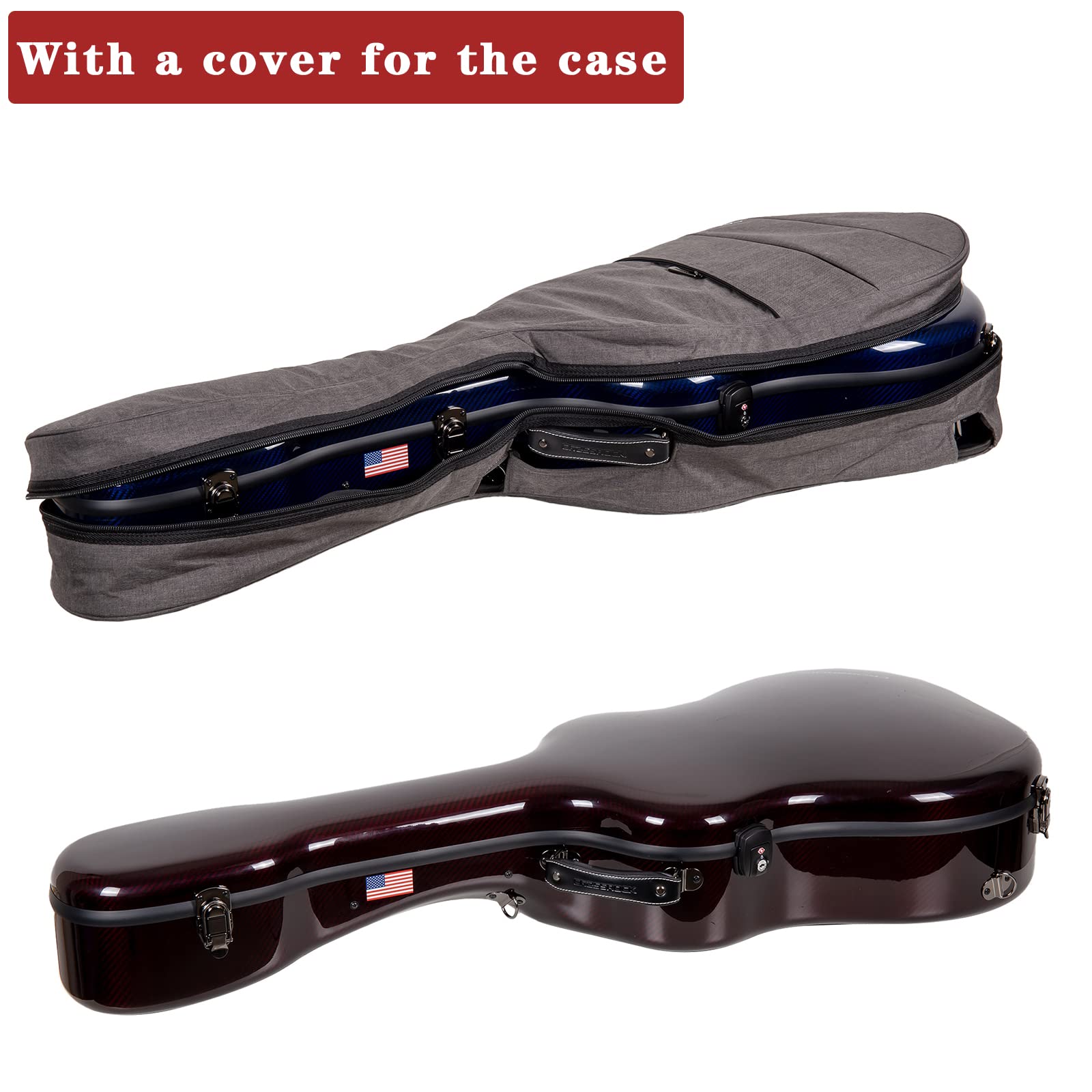 Crossrock Air Carbon series Dreadnought Acoustic Guitar case, 100% carbon fiber Flight Case with protective cover, American Flag