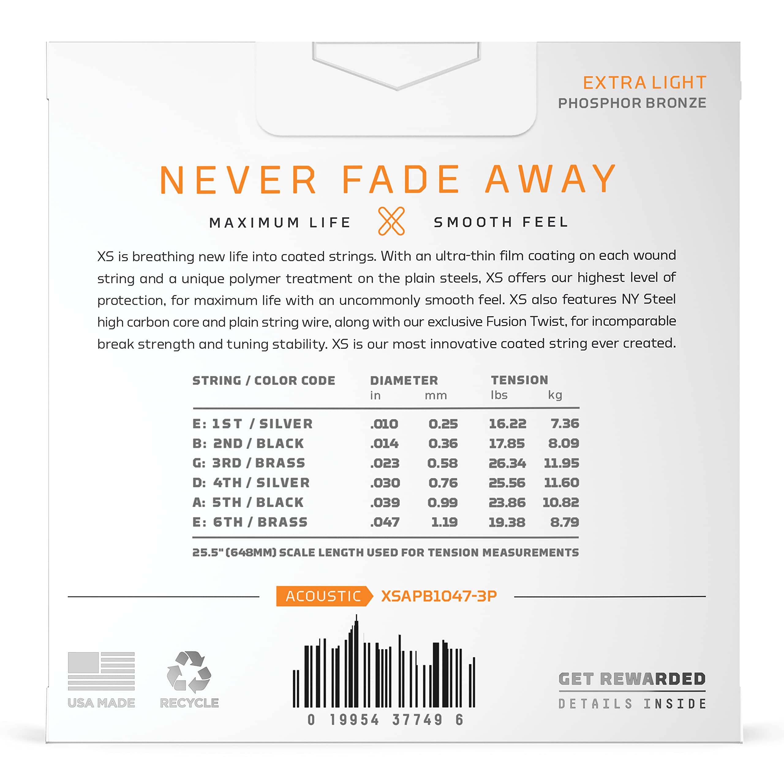 D'Addario Guitar Strings - XS Phosphor Bronze Coated Acoustic Guitar Strings - XSAPB1047-3P - Maximum Life with Smooth Feel & Ex