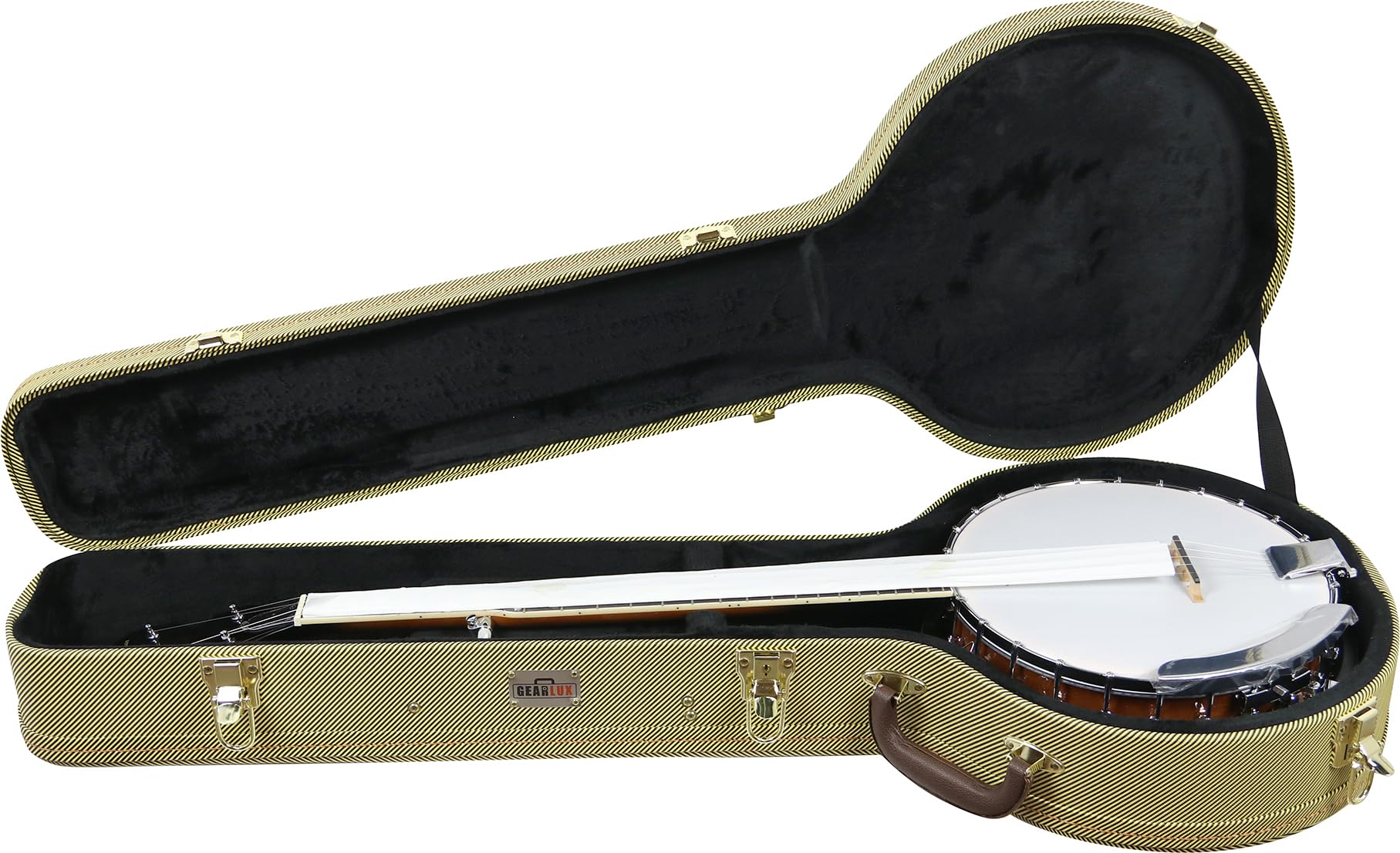Gearlux 4-String and 5-String Banjo Hard Case with Exterior Lock and Key, Interior Accessory Compartment, and Plush Interior Pad