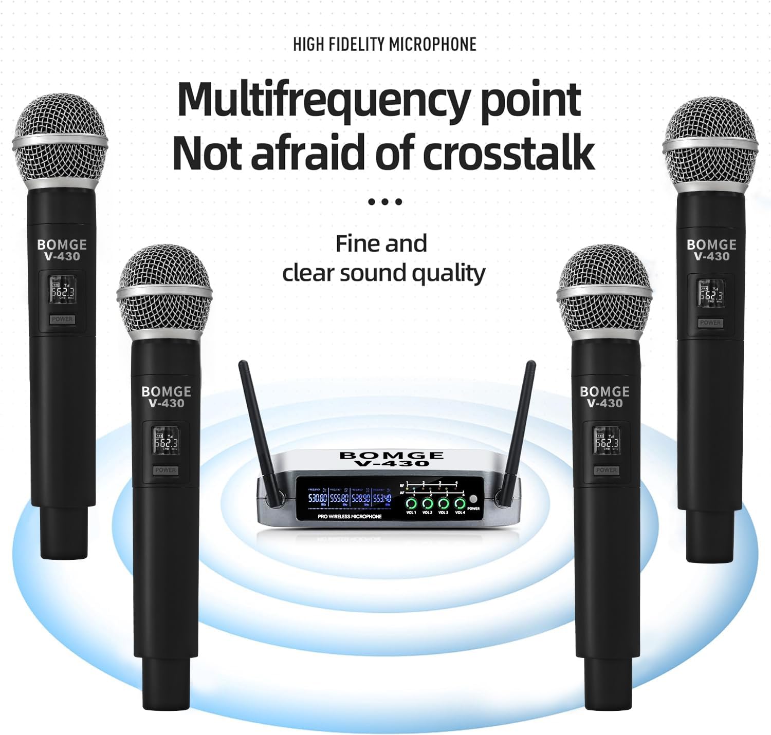 Wireless Microphone System, BOMGE Pro 4-Channel Cordless Mic Set with Four Handheld Mics, Fixed Frequency, Long Range 200ft, Ide