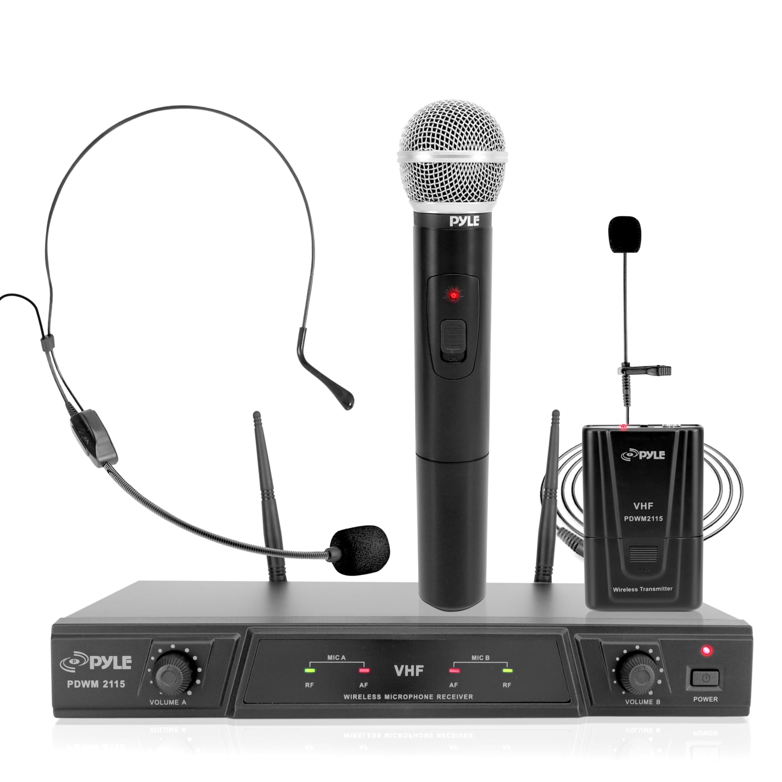 Pyle Dual Channel Wireless Microphone System - Portable VHF Audio Mic Set with Clip Lavalier lapel, Handheld, Headset, Transmitt