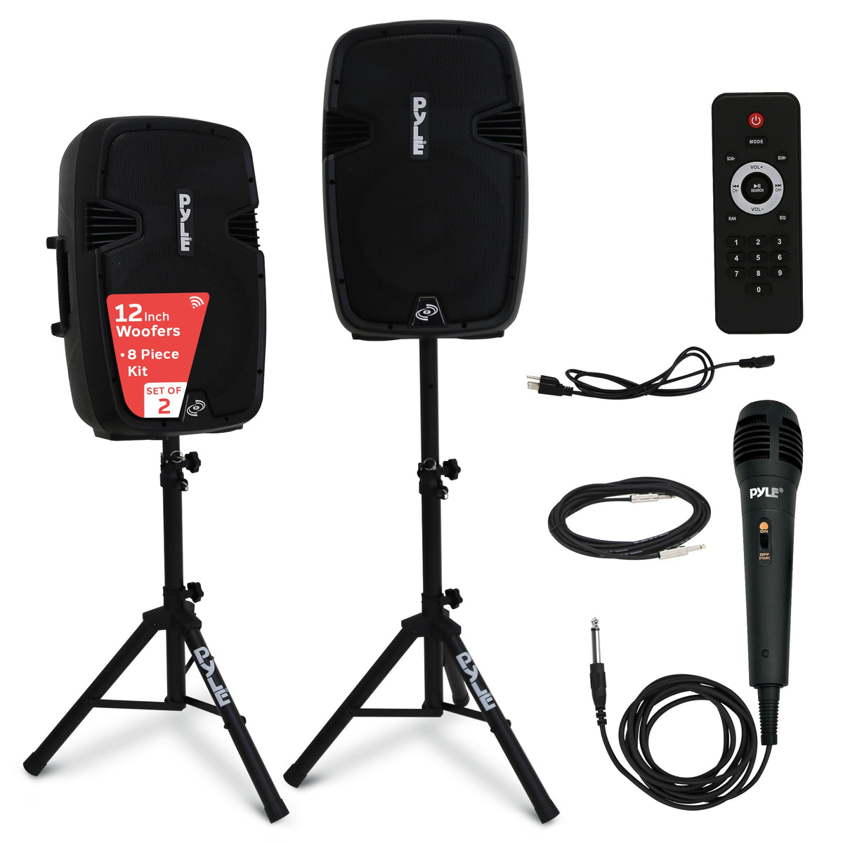 Pyle 12 Inch Active Passive Portable Bluetooth Wireless Pa Dual Loudspeaker Sound System Kit With Wired Microphones, Speaker Sta