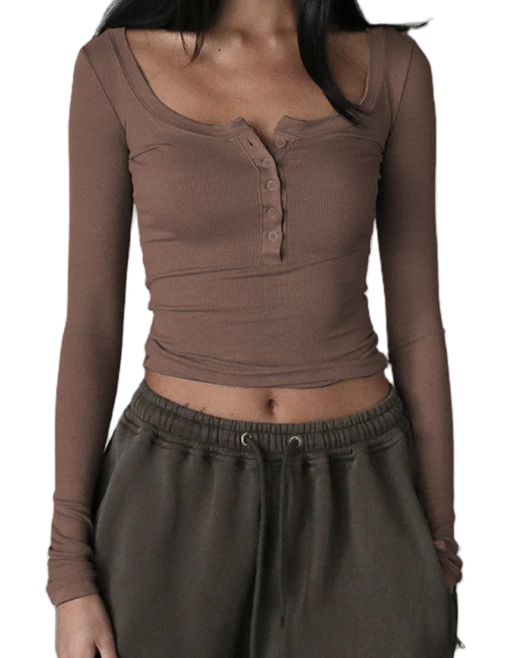 Kmbangi Women Sexy Slim Crop Shirt Long Sleeve Crewneck Fitted Tshirts Top Knit Cropped Tee Blouse Retro Streetwear(D Button Kha