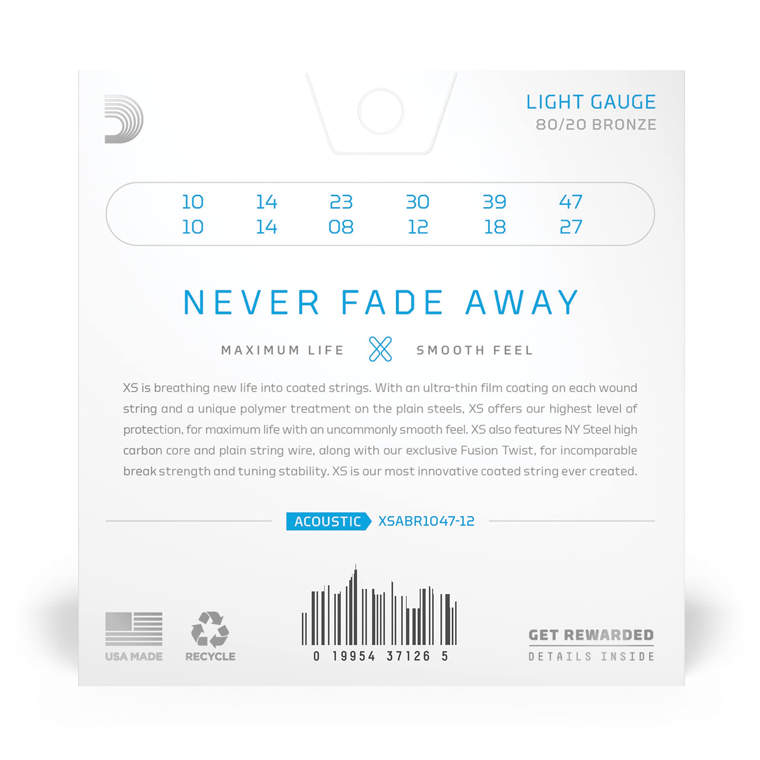 D'Addario Acoustic Guitar Strings, XS 80/20 Bronze Coated, XSABR1047-12, Extra Light Gauge 10-47, 12-String Set, Pack of 1