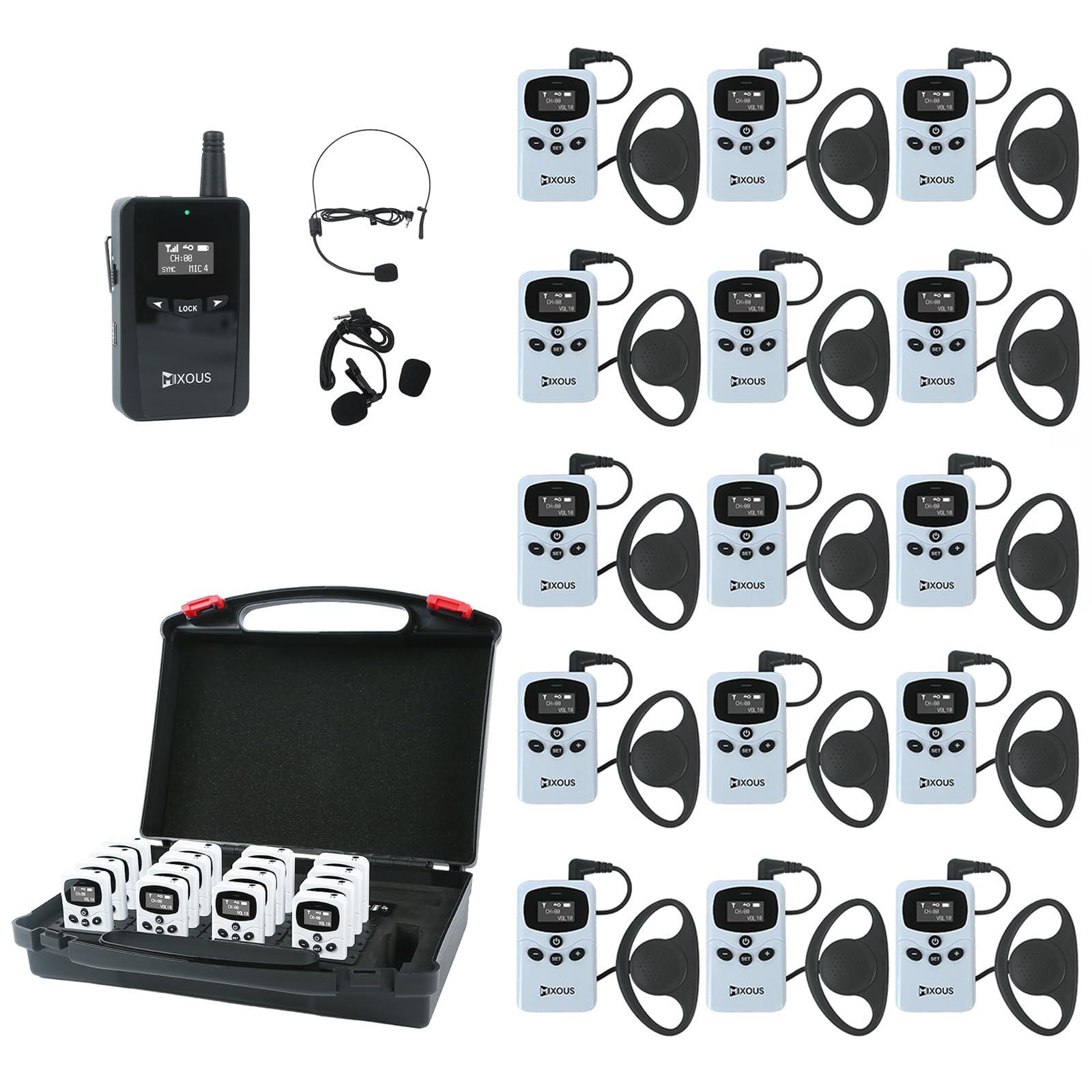 Mixous Wireless Tour Guide System with Charging and Carry Case. 200m, 16kHz High-Fidelity Sound Church Translation, Headsets for