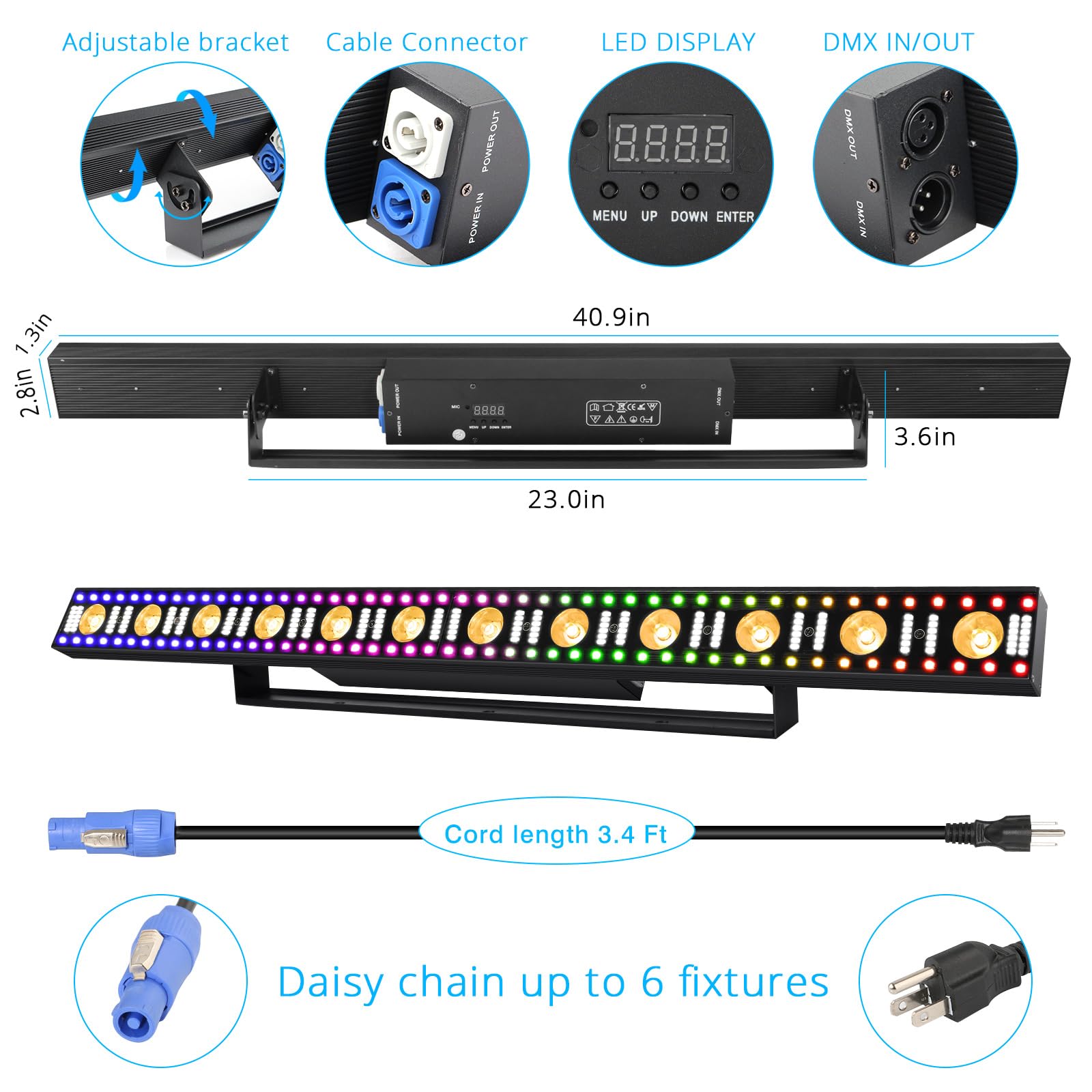 LaluceNatz LED Stage Wash Light Bar - 40IN 100W DJ Light Bar 3IN1 RGB LED Strobe Beam Lighting Effects Aluminum Alloy DMX Contro