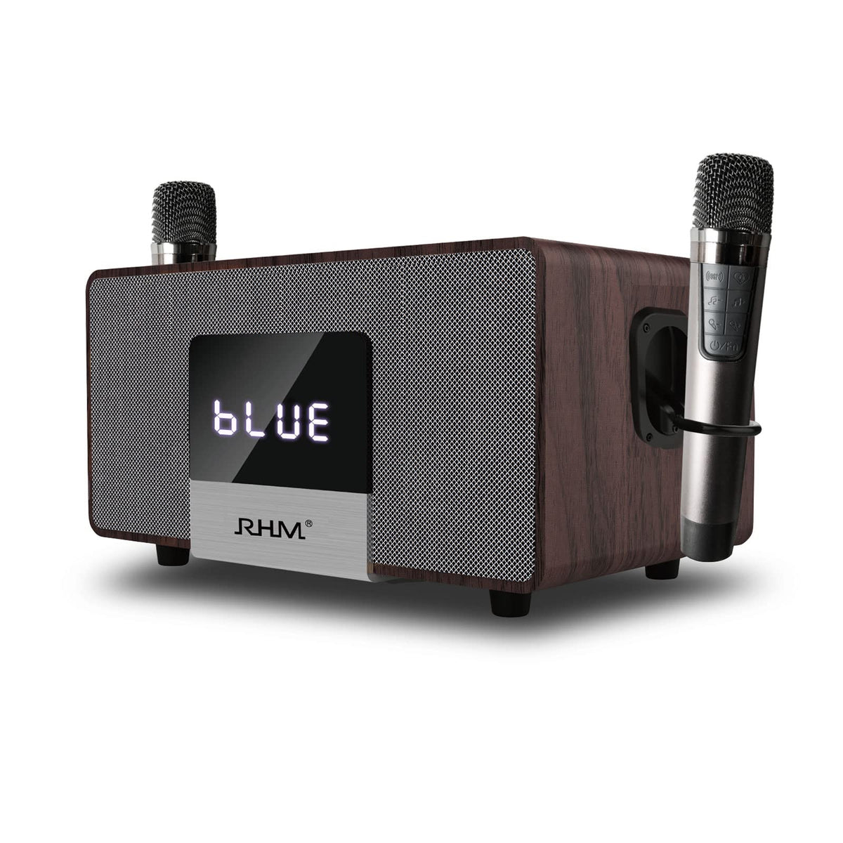 Rhm K222 Karaoke Machine With 2 Uhf Wireless Microphones & 5 Sound Modes, Support Optical/Bluetooth/Aux/Usb/Pc, Wooden Home Kara
