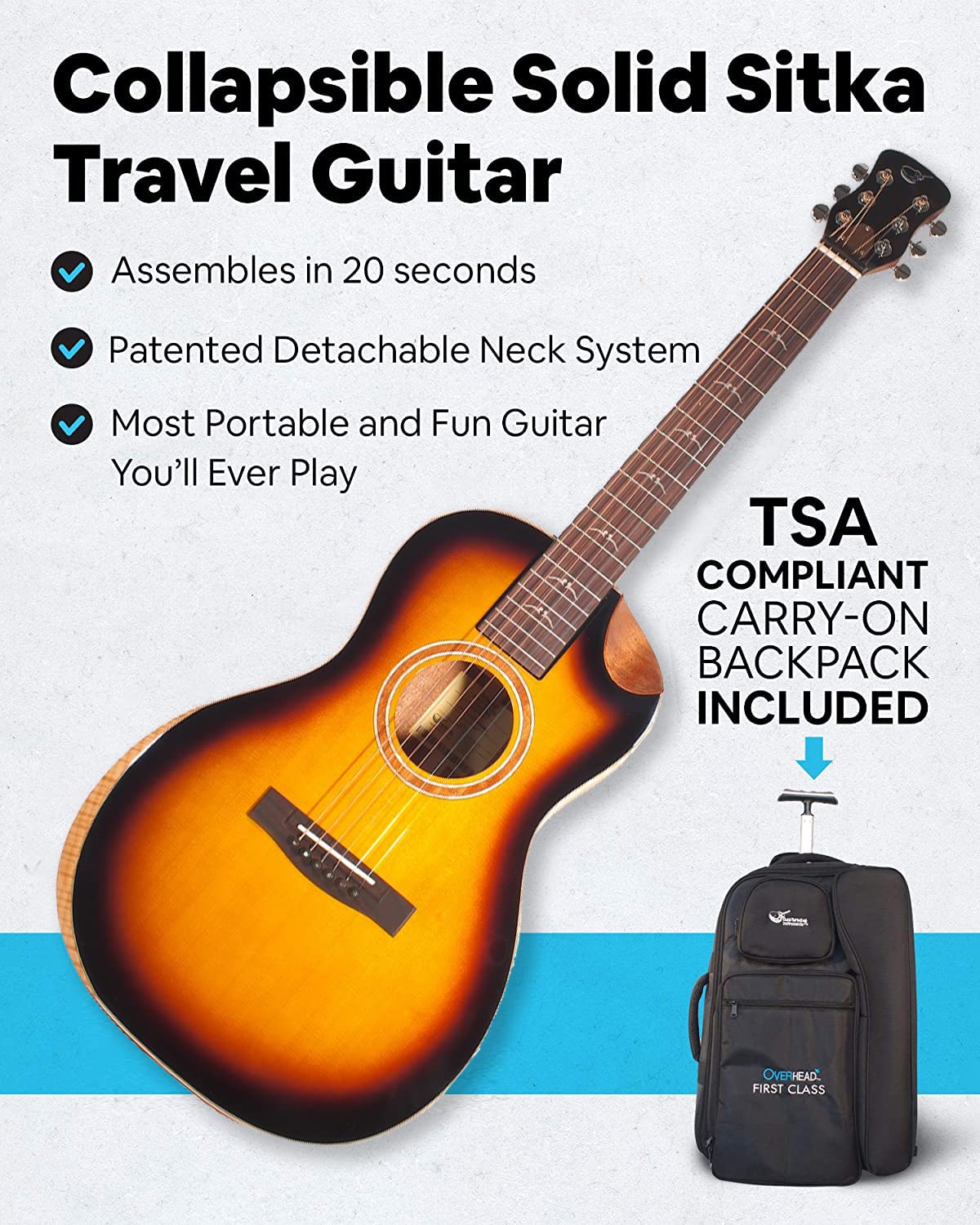 Journey Instruments Solid Sitka Travel Guitar - FP412-13BC Traveling Acoustic-Electric Collapsible Guitar - Portable Backpack Ca