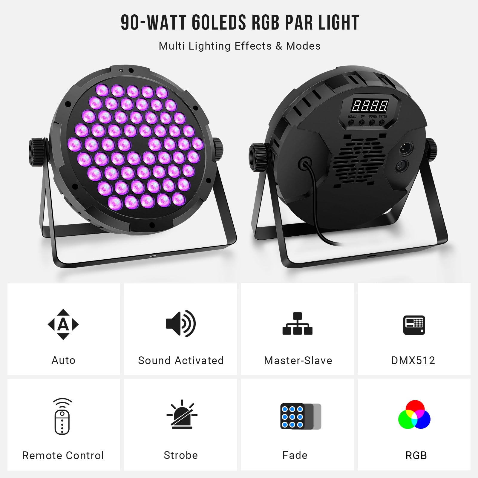90W 60LEDs Par Lights 4Pack - RGB Stage Par Lights Sound Activated by Remote & DMX Control Uplights for Events Church Wedding Mu