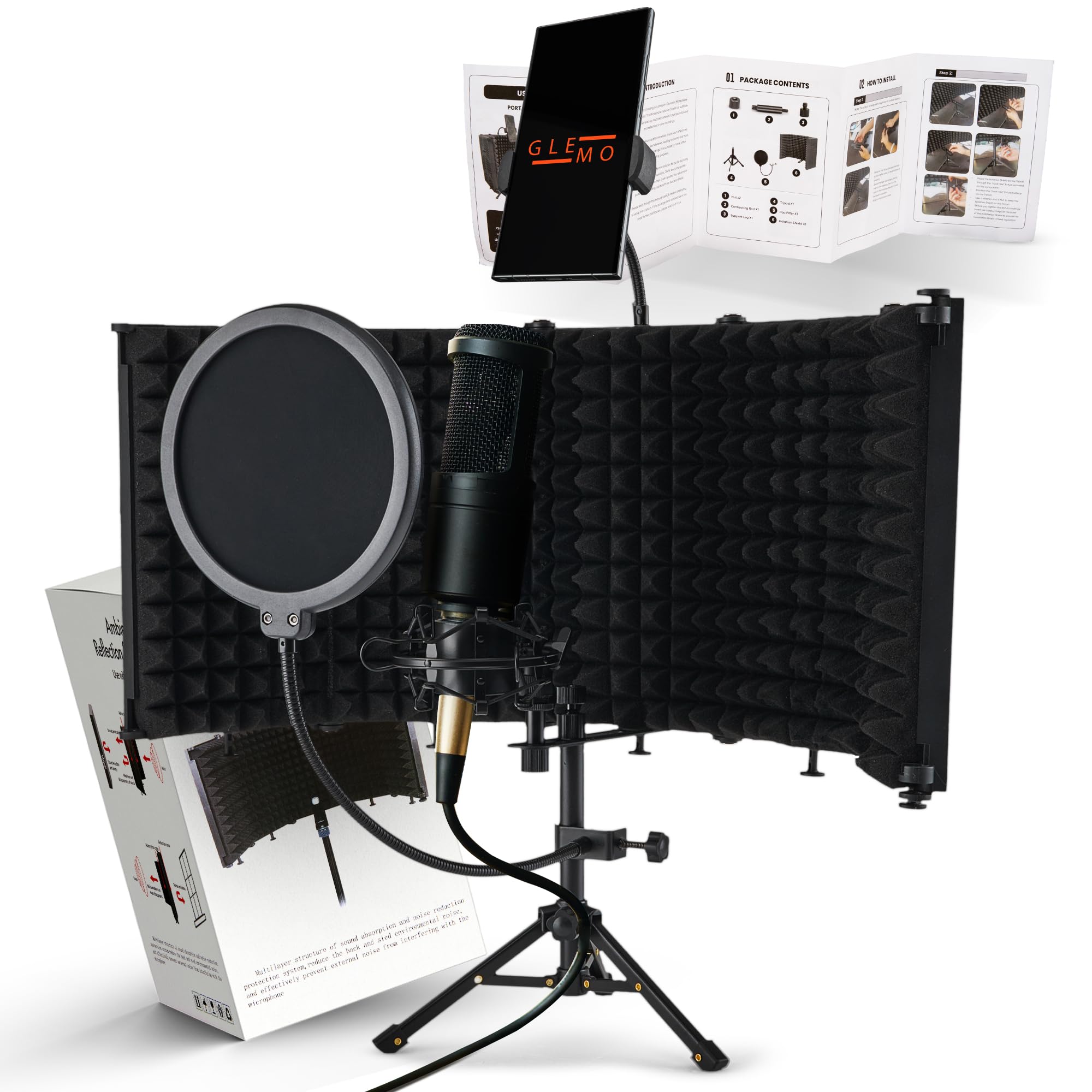 Glemoriol Microphone Isolation Shield with Phone Holder, Pop Filter & Desktop Stand - Sound Proofing Studio Setup for Enhanced S