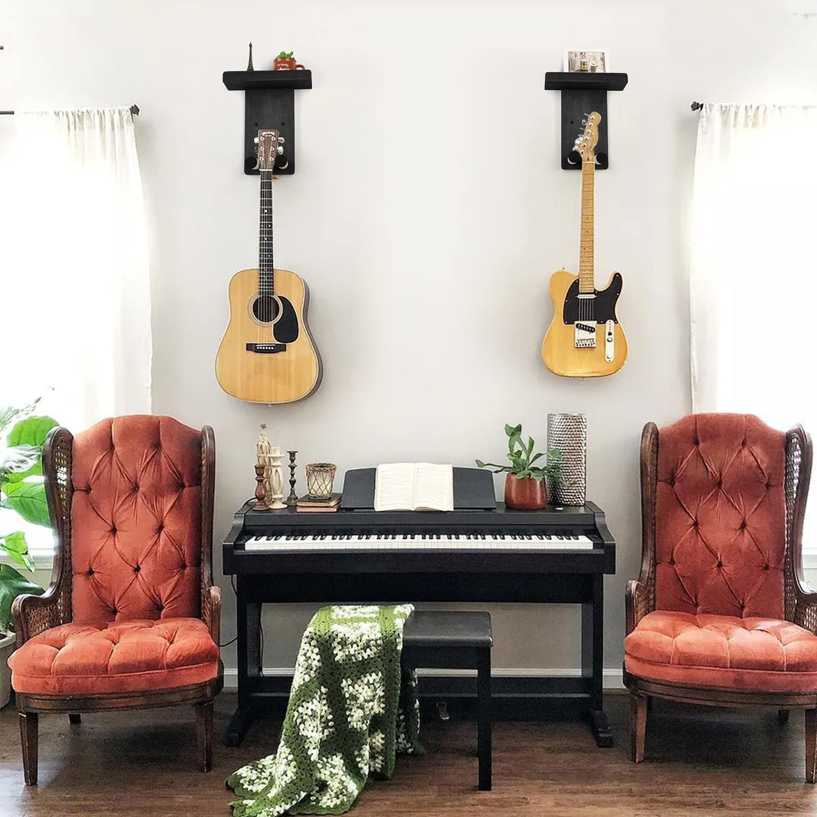 Keebofly Guitar Wall Hanger,2 Pack Guitar Wall Mount Holder Guitar Hanger Shelf with Pick Holder Wood Guitar Rack for Acoustic o