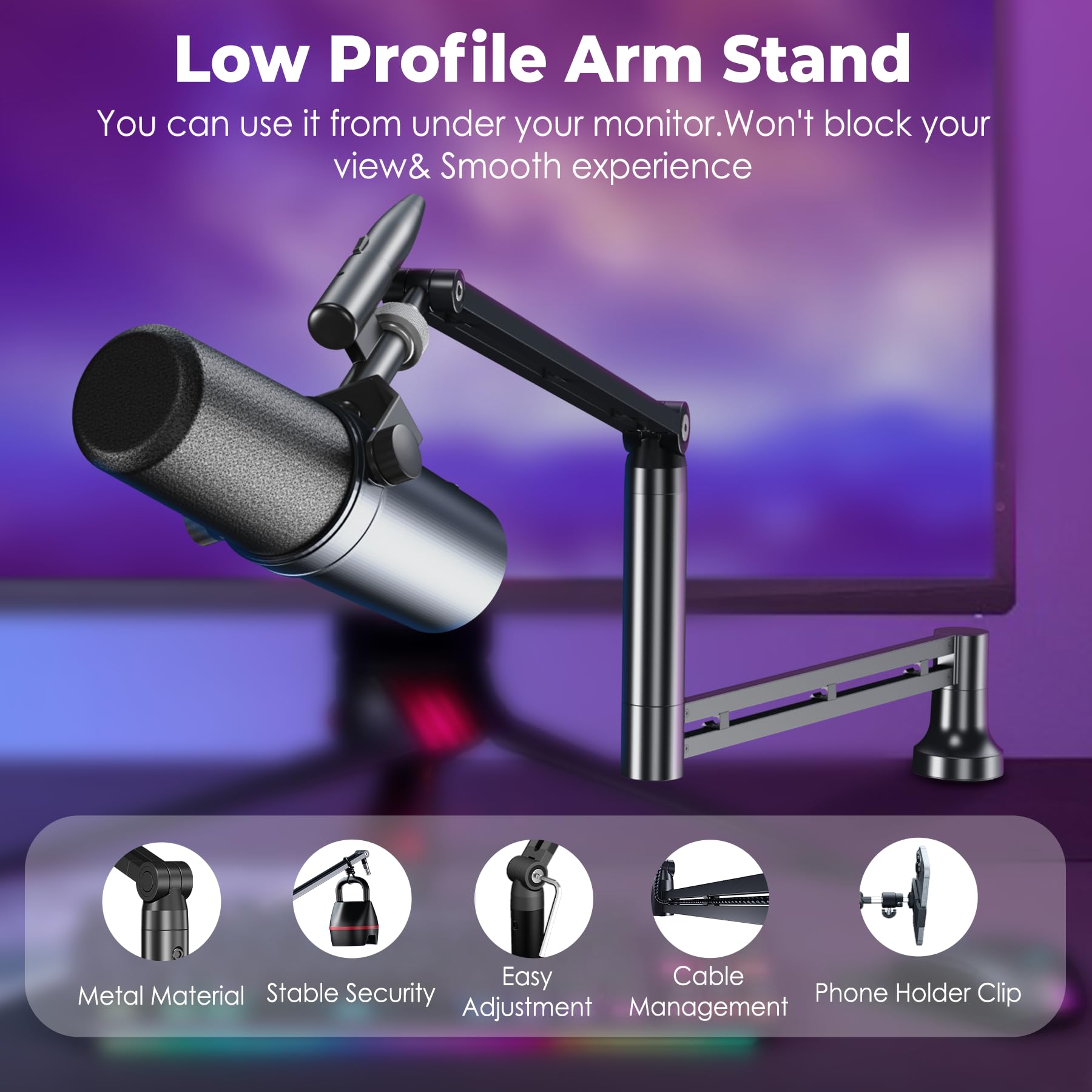 CreaDream Mic Boom Arm, Low Profile Microphone Arm Stand Desk Mount with Screw Adapter, Phone Holder, Detachable Rise Column, Ca