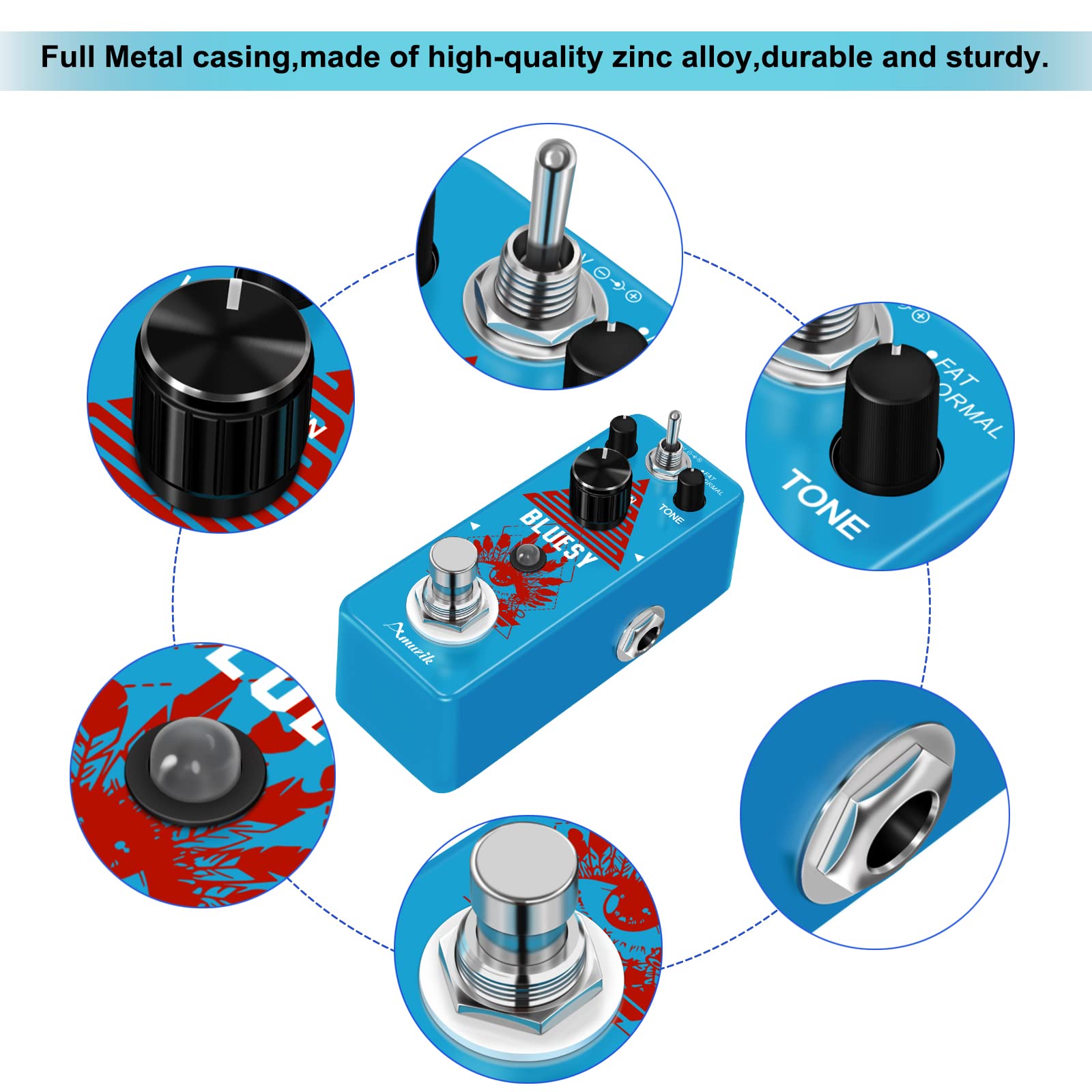 Amuzik Blues King Overdrive Guitar Pedals Analog Vintage Bluesy Distortion Effect Pedal Wide Range Frequency Response 2 Modes Tu