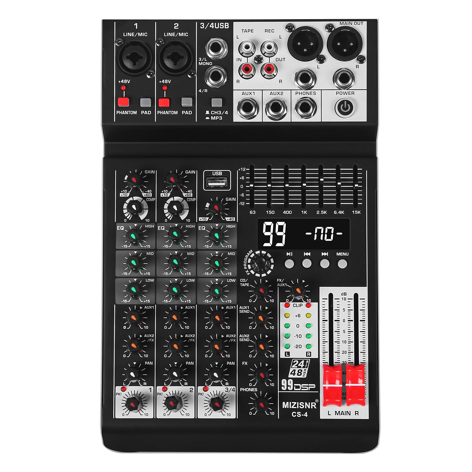 MIZISNR Audio Mixer 4 Channel Sound Mixer Console, Professional Music Mixing Board DJ Mixer w/ 99 DSP, 7-band EQ, USB, Bluetooth