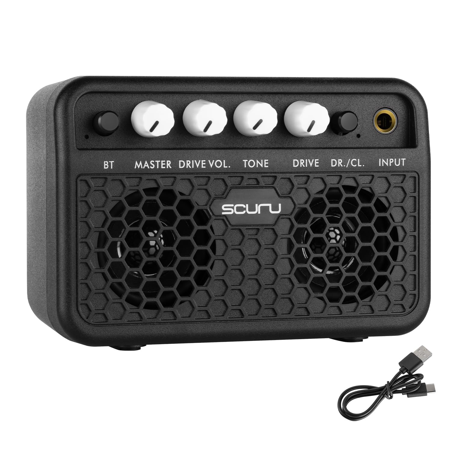 Caline Guitar Mini Amp, 5W Rechargeable Bluetooth Guitar Amplifer Combo For Desktop Practice, Dual Channel,With Headphone Jack, 