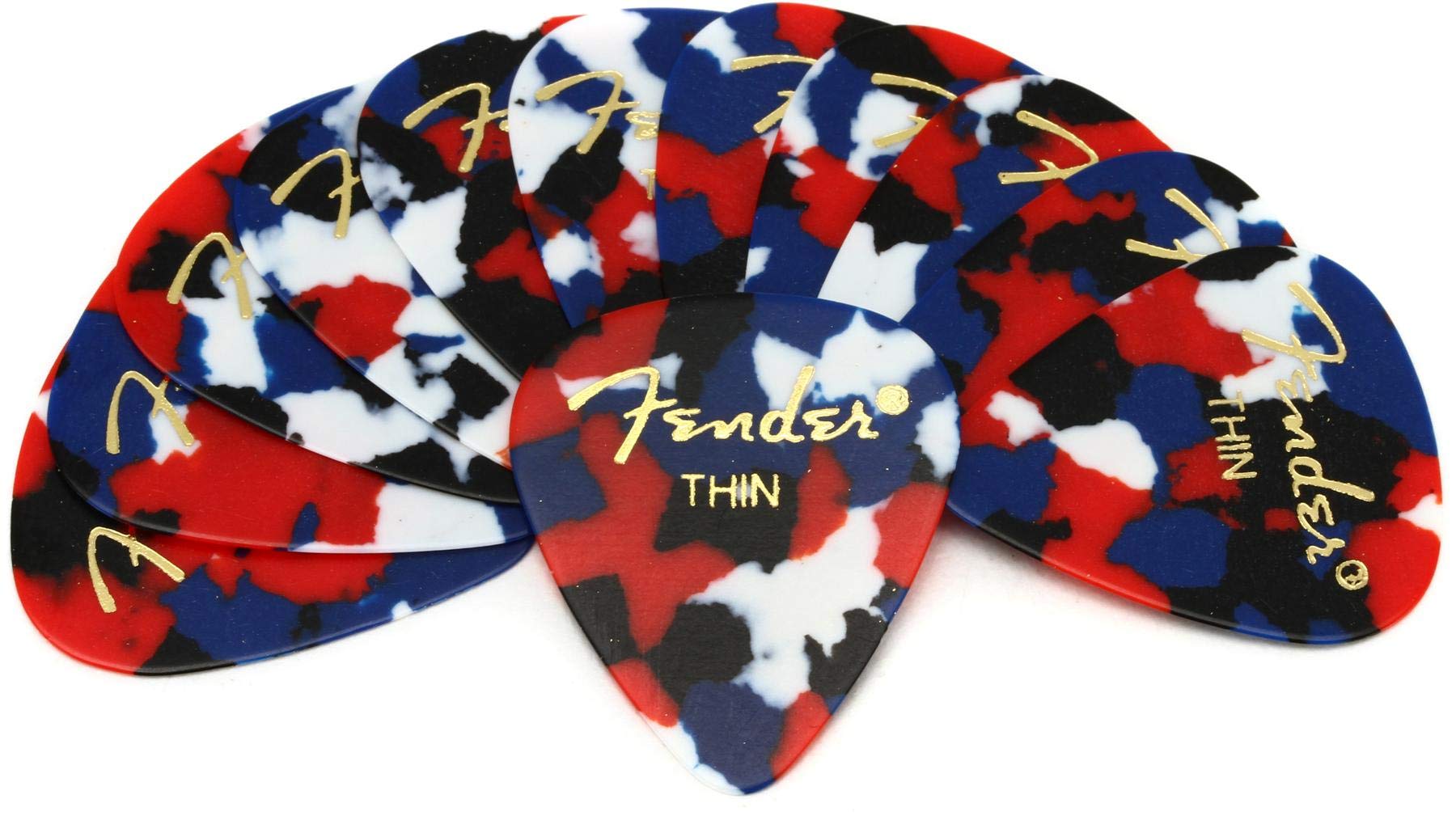 Fender Classic Celluloid Guitar Picks 351 Shape, Guitar Accessories, Confetti, Thin, 12-Pack