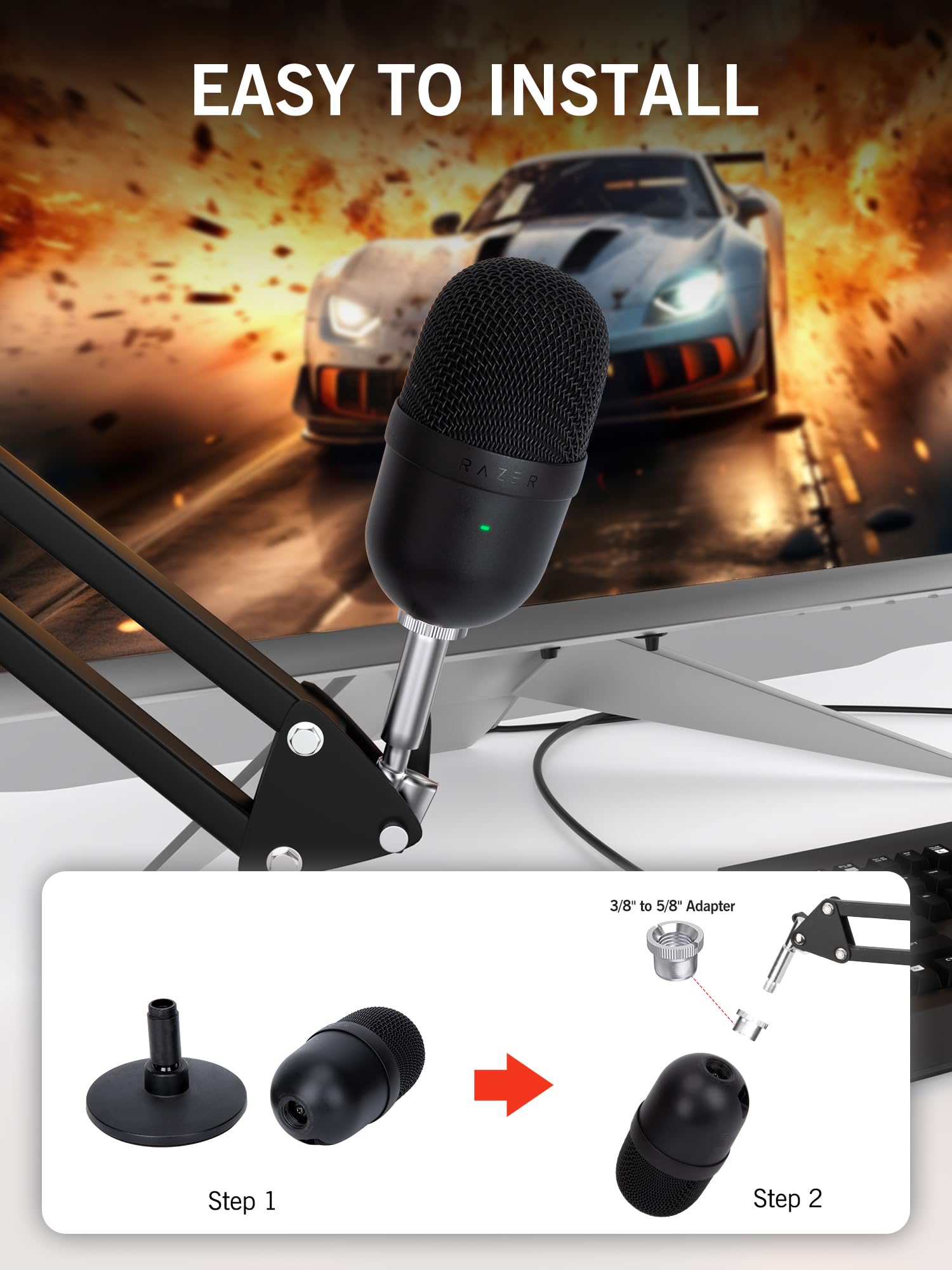 Seiren V3 Mini Boom Arm - Mic Arm for Razer Mini, Seiren V2, Seiren X and Most Microphone, Adjustable Boom Scissor Arm Stand wit