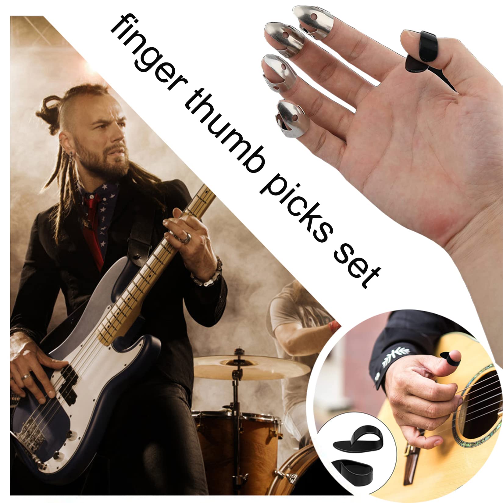 12pcs Adjustable Finger Thumb Picks Set Includes 8pcs Silver Stainless Steel Finger Picks and 4pcs Plastic Thumb Picks for Guita