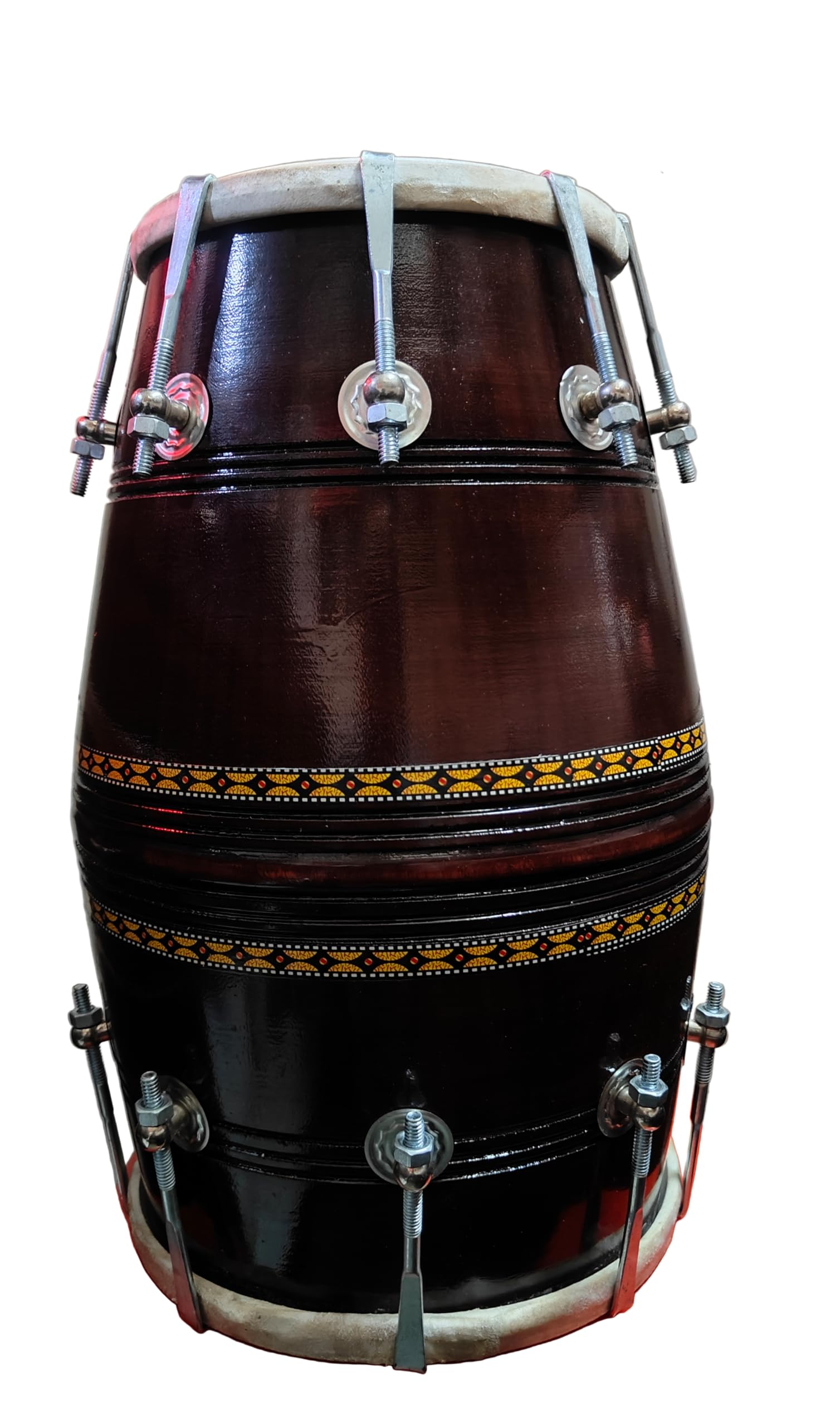 Tilak Raj And Sons-17 Inch Size Mango Wooden Dholak Indian Folk Musical Instrument With Tuning Key (Brown Color)