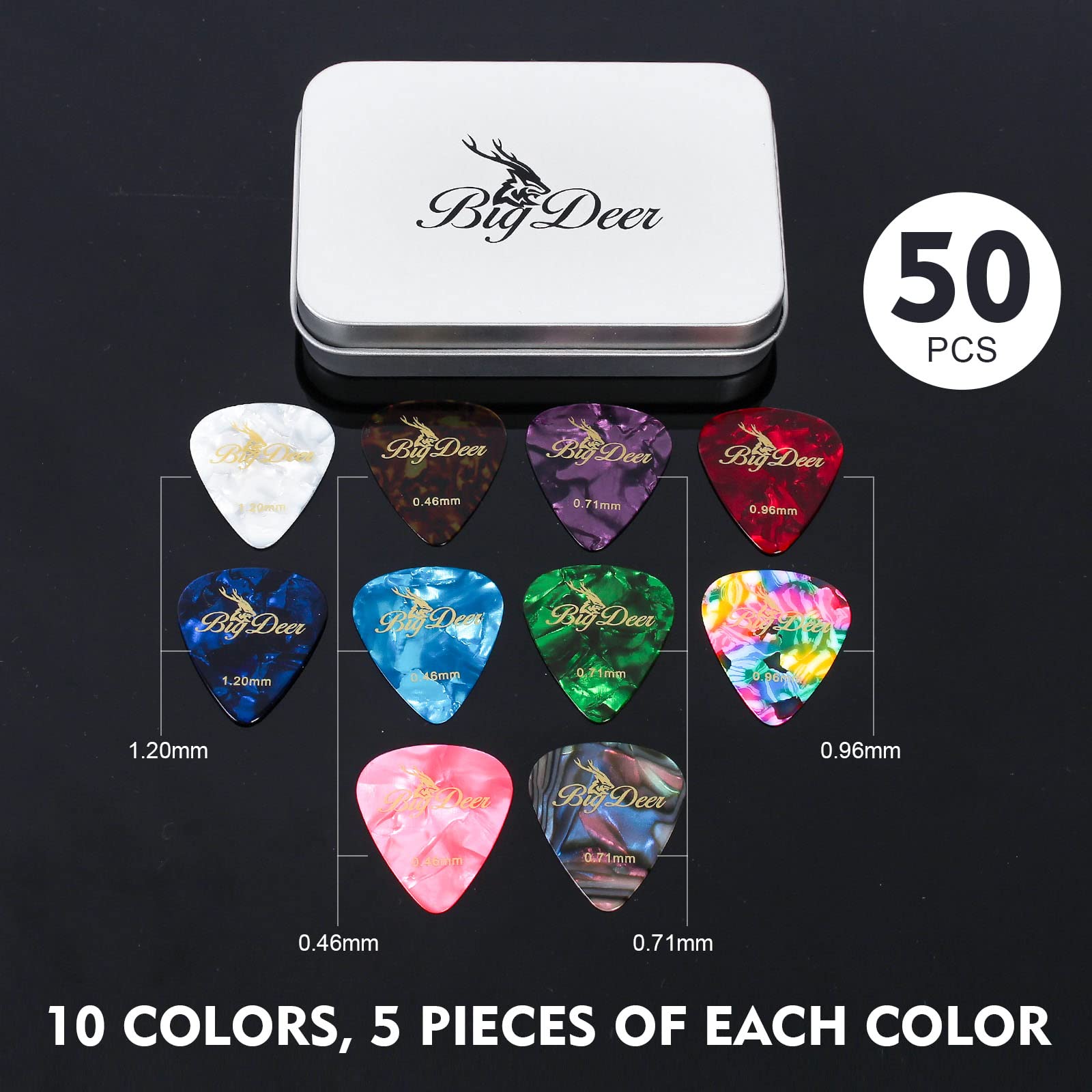 BigDeer 50 pack Celluloid Guitar Picks ,includes Thin,Medium, Heavy & Extra Heavy Picks Plectrums for Acoustic Guitar,Ukulele,Ba
