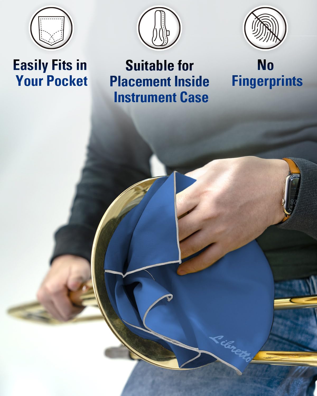 Libretto Microfiber Polish Cloth, 3 Useful Sizes in 1 Pack, Violin and Cello Cleaning & Polishing Products, Blue, Lint-Free, Sup