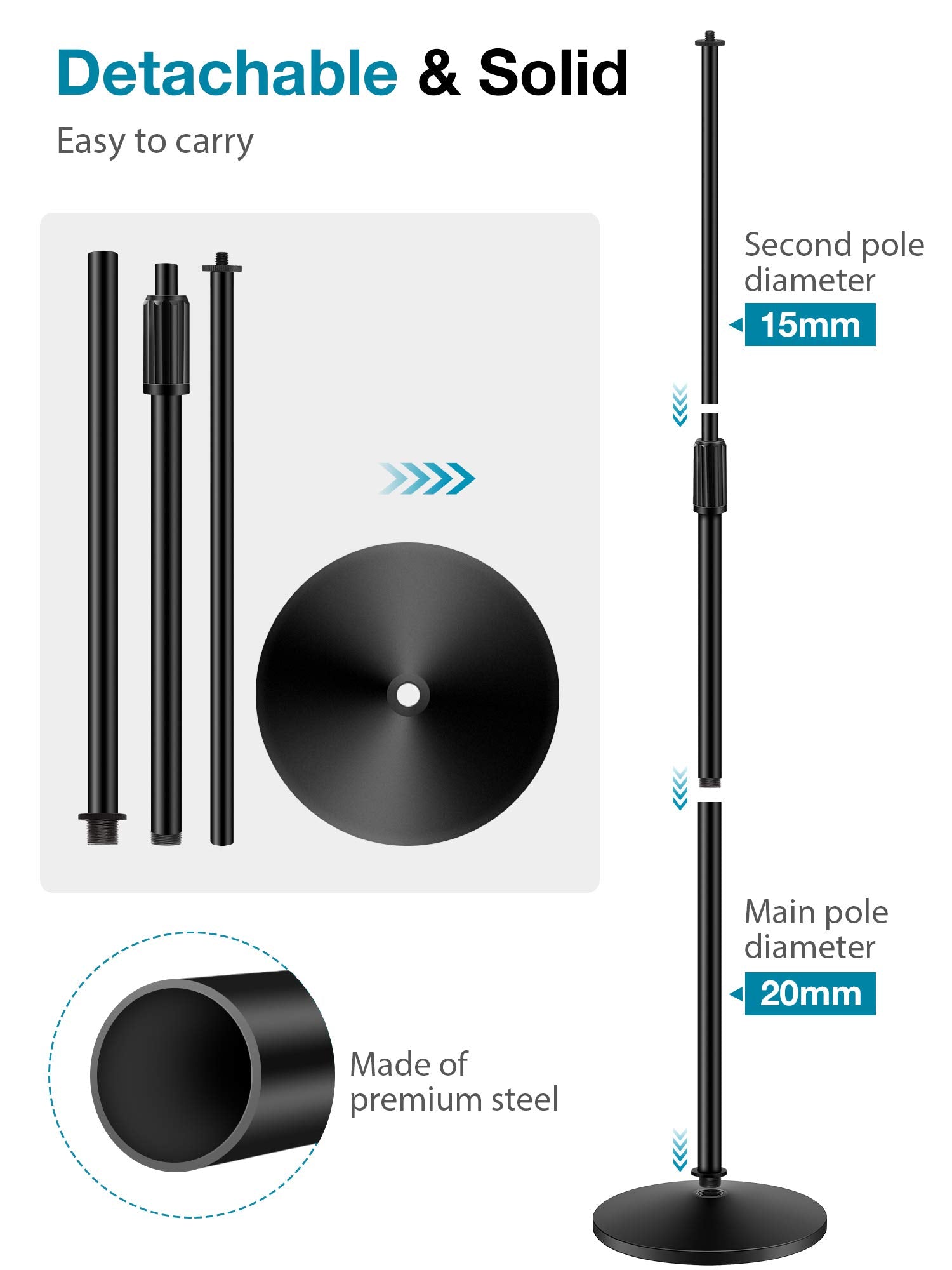 InnoGear Mic Stand, Microphone Stand Universal Boom Mic Stand Detachable Mic Stands with Weighted Round Base, Height Adjustable