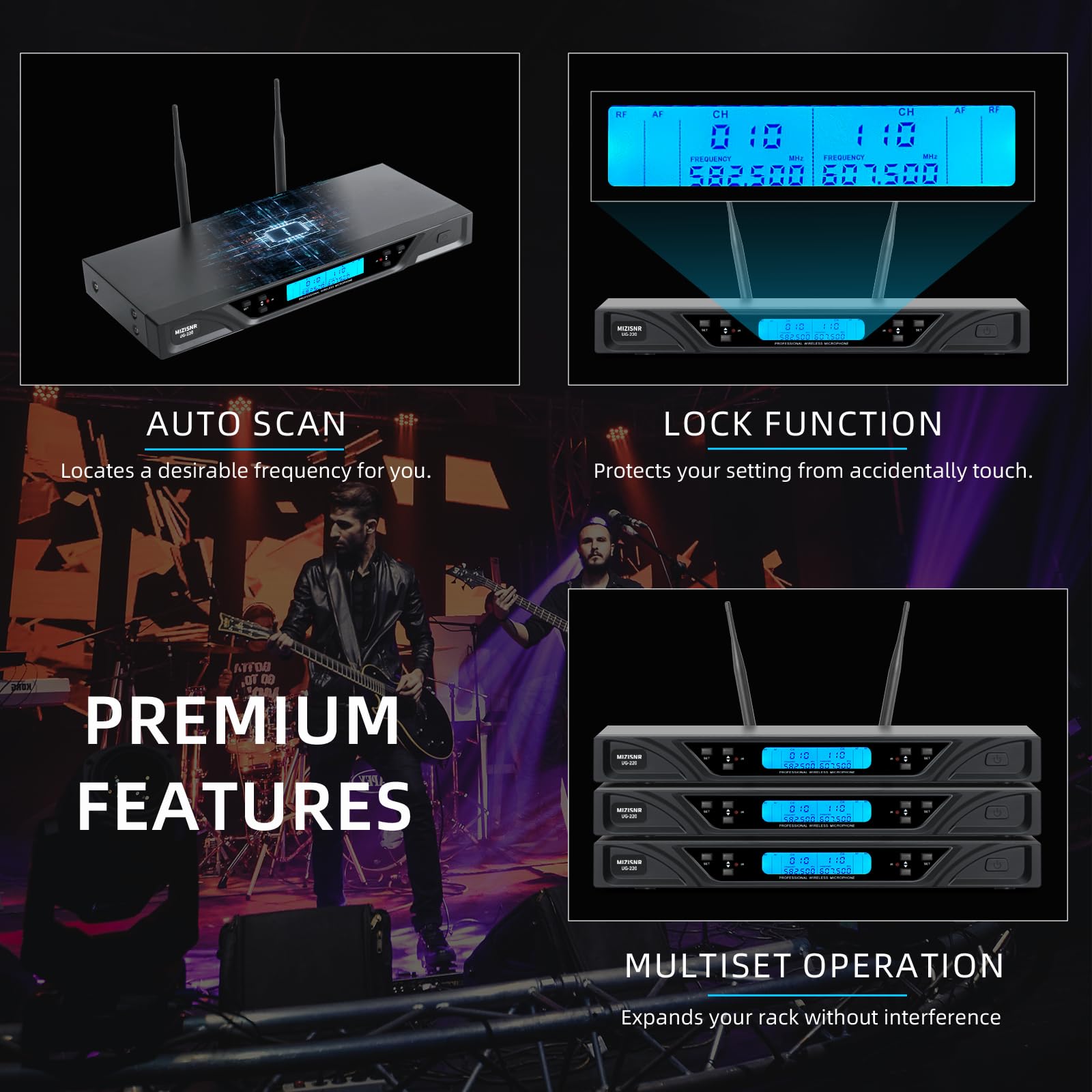 MIZISNR Wireless Lapel Microphone System, 2x100 Adjustable Frequencies Headset & Lavalier Mic Set, 300ft Range UHF Lavalier Mics