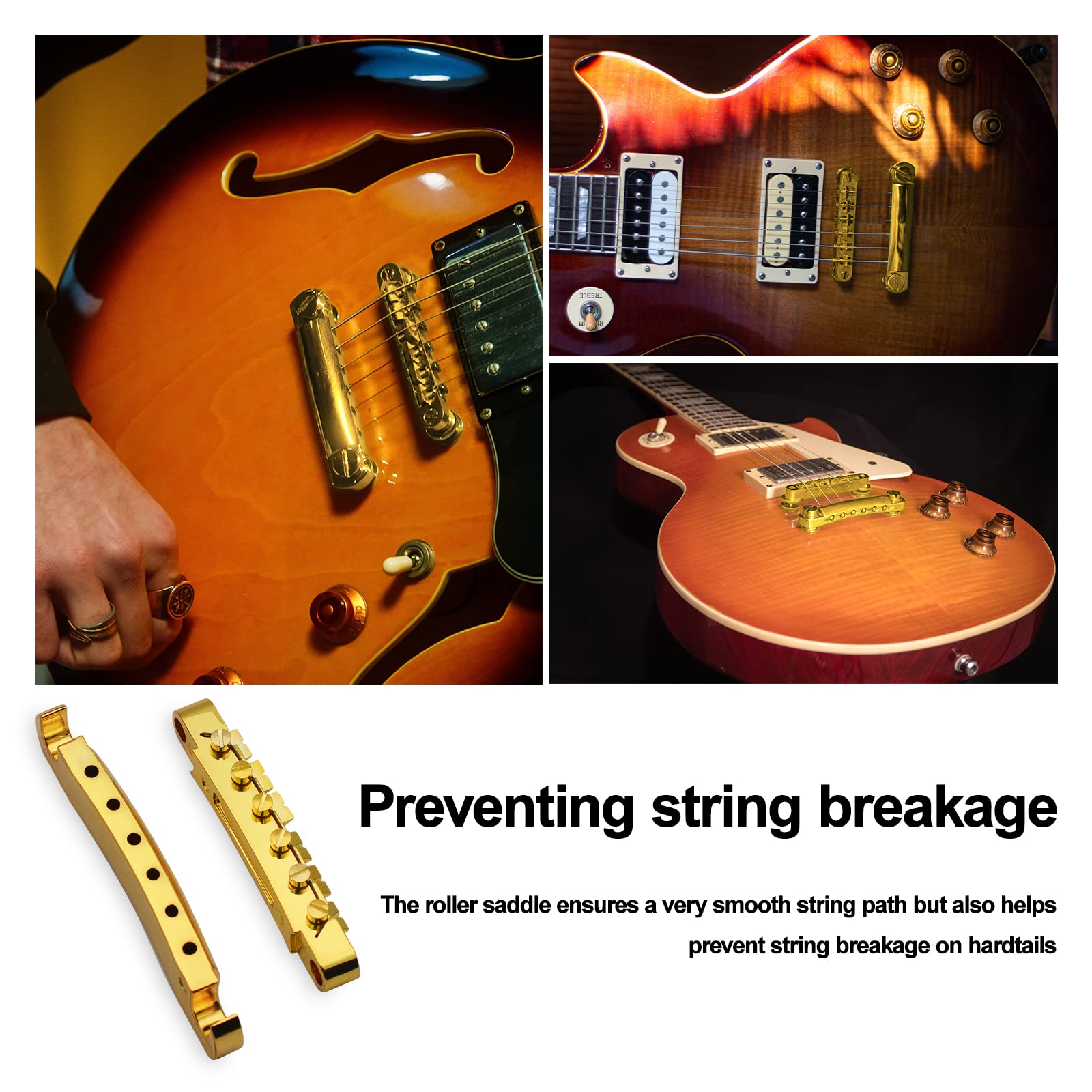 SAPHUE A Set of String Saddle Tune-O-Matic Bridge and Tailpiece with Studs for GB LP Style Electric Guitar (Gold)