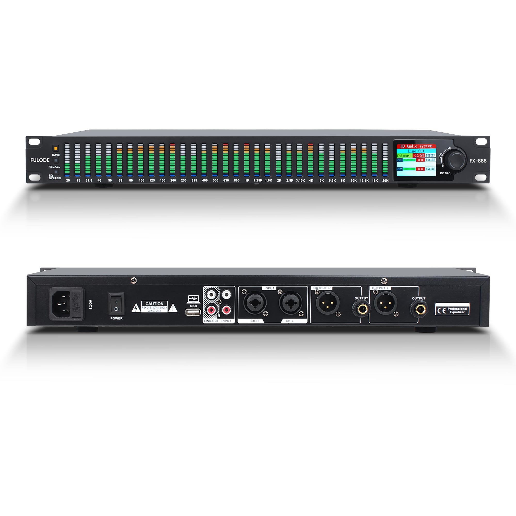 FULODE FX-888 Dual channel synchronized control 31-Band Digital equalizer Stereo Graphic EQ Noise Reduction Each segment with LE