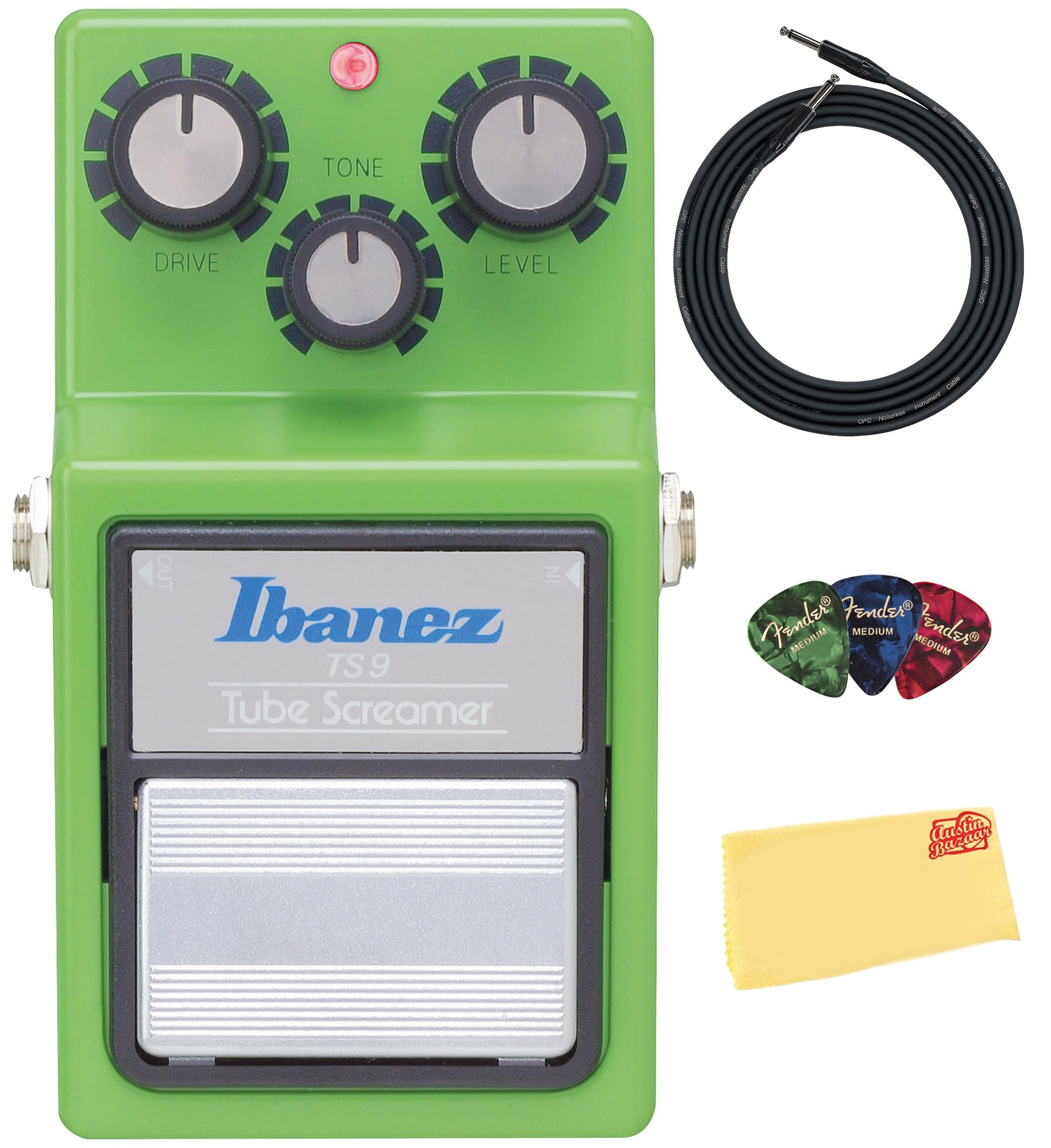 Ibanez TS9 Tube Screamer Overdrive Pedal Bundle with Instrument Cable, Picks, and Austin Bazaar Polishing Cloth