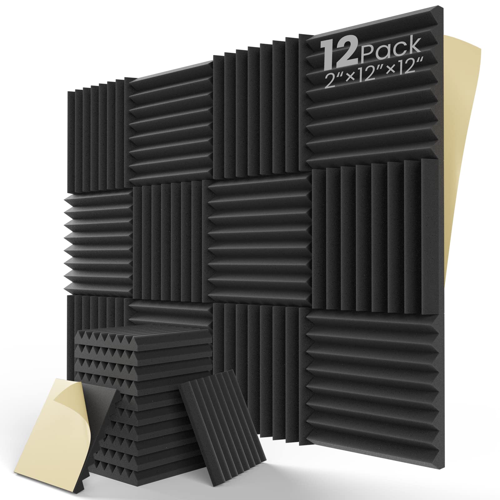 Leiyer Upgrade 12 Pack Sound Proof Foam Panels With Self-Adhesive, 2'' X 12'' X 12'' Quick-Recovery Acoustic Panels, Acoustic Fo