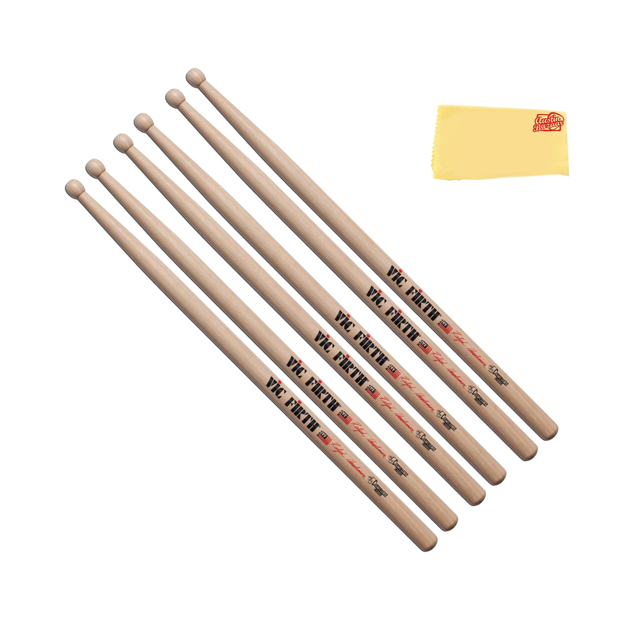 Vic Firth Corpsmaster Signature Ralph Hardimon Indoor Drumsticks - 3-Pack Bundle with Austin Bazaar Polishing Cloth