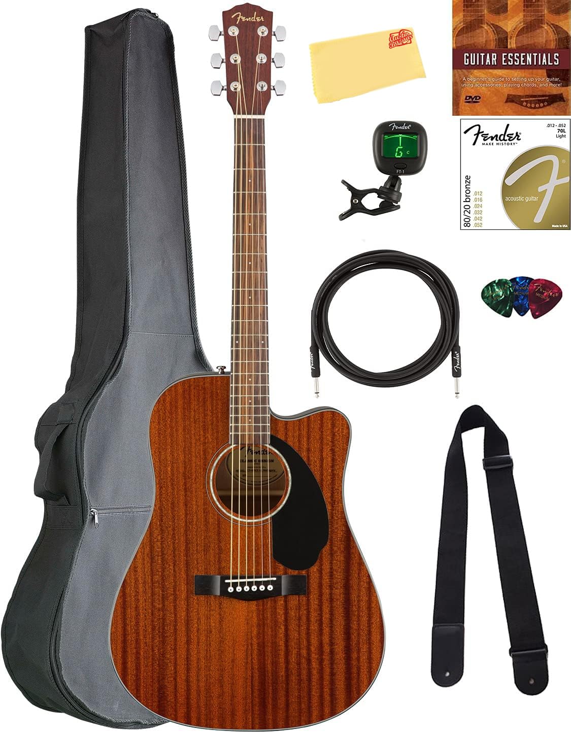 Fender Cd-60Sce Solid Top Dreadnought Acoustic-Electric Guitar - All Mahogany Bundle With Gig Bag, Instrument Cable, Tuner, Stra