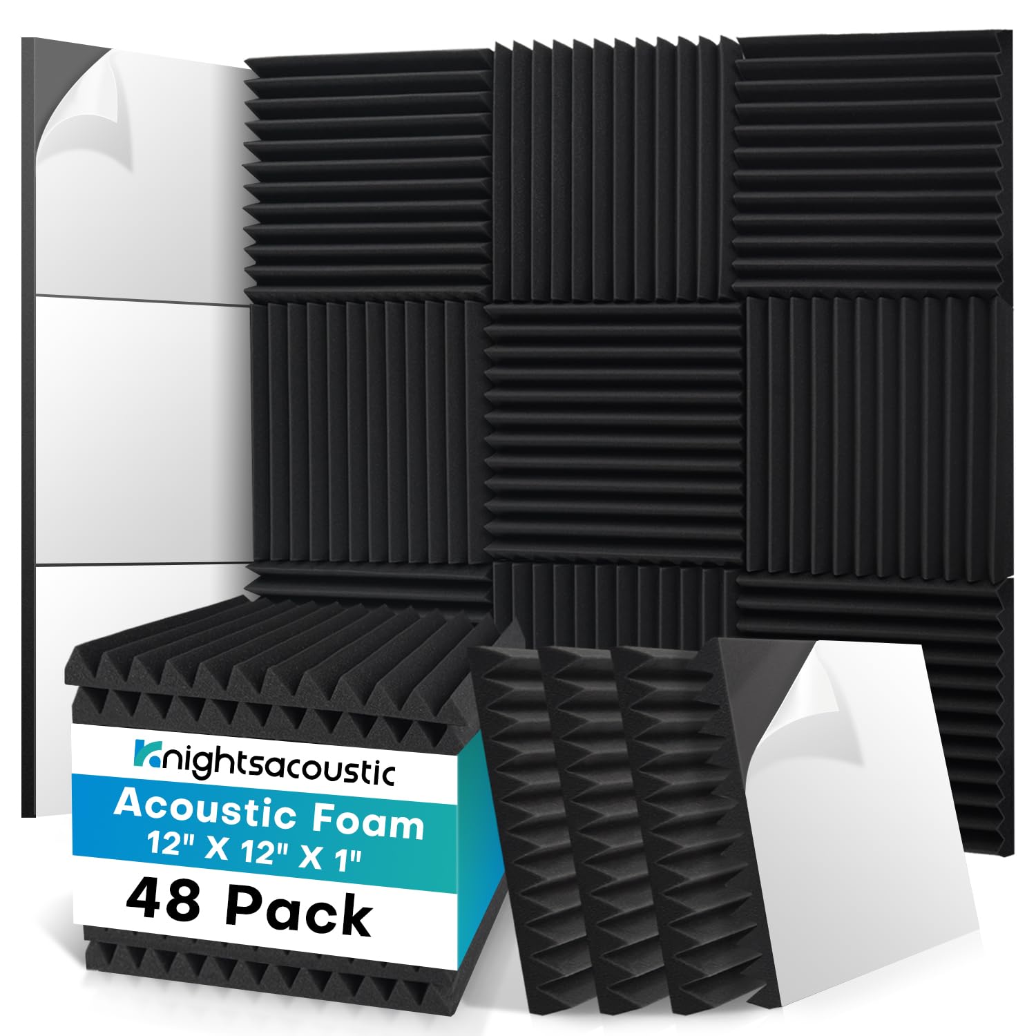 Knightsacoustic 48 Pack Sound Proof Foam Panels For Walls With Self Adhesive, 12X12X1 Acoustic Foam Panels, High Density Acousti