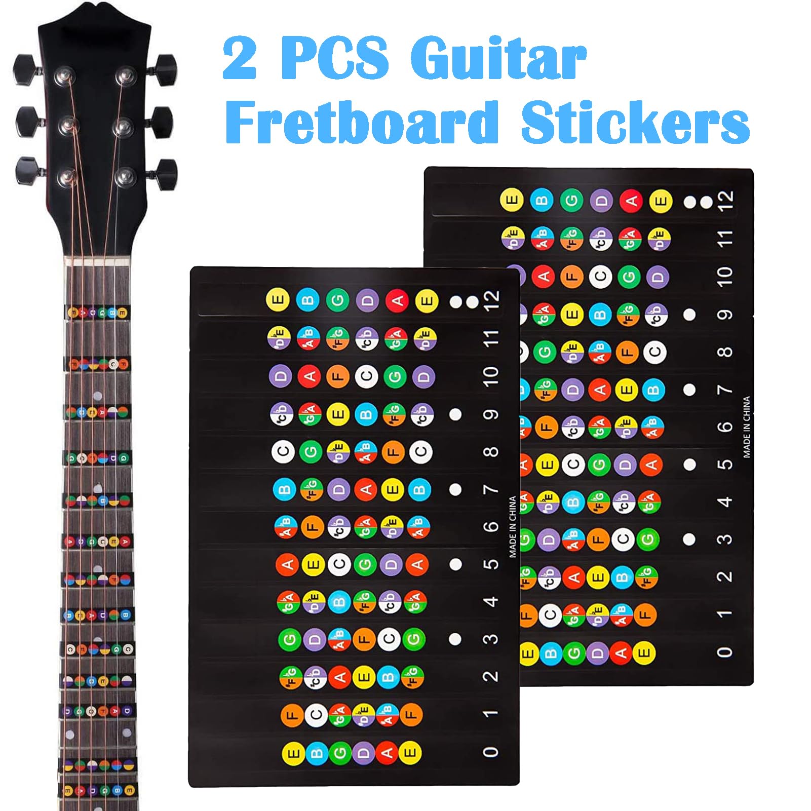 Guitar Fretboard Stickers, with Guitar Chord Chart,Color Coded Note Decals Guitar Tools for Learner Practice Fit 6 Strings Guita