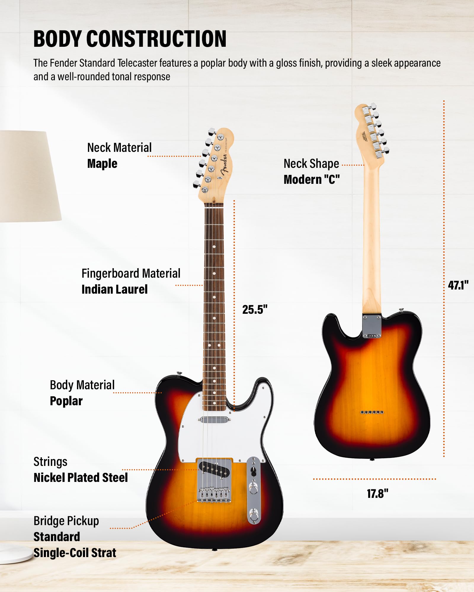 Fender Standard Telecaster - 3-Color Sunburst Bundle with Strap, Guitar Cleaning Kit and Austin Bazaar Instructional Video