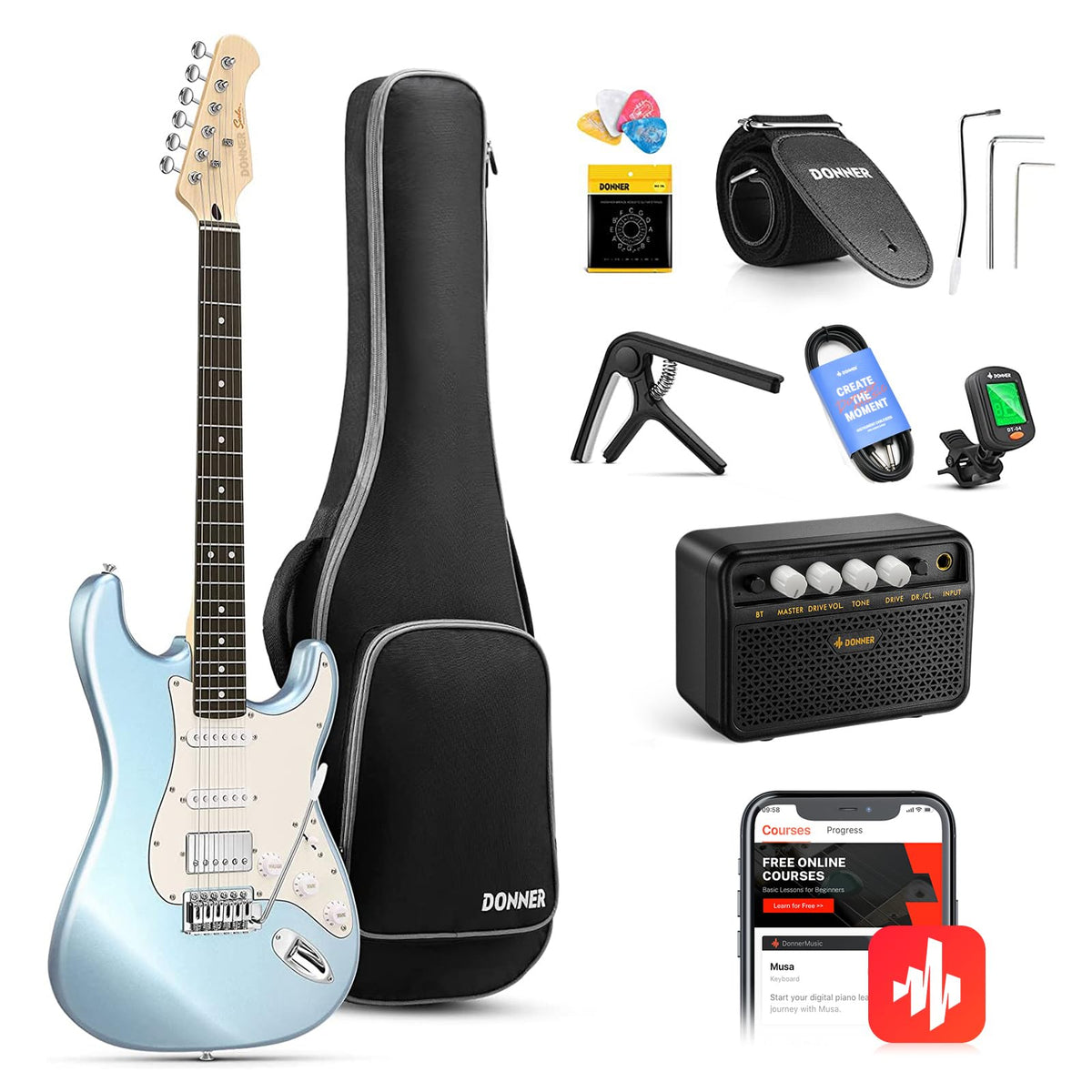 Donner Dst-152R Electric Guitar, 39'' Beginner Electric Guitar Kit, Hss Pickup With Coil Split, Guitar Starter Set With Amp, Bag