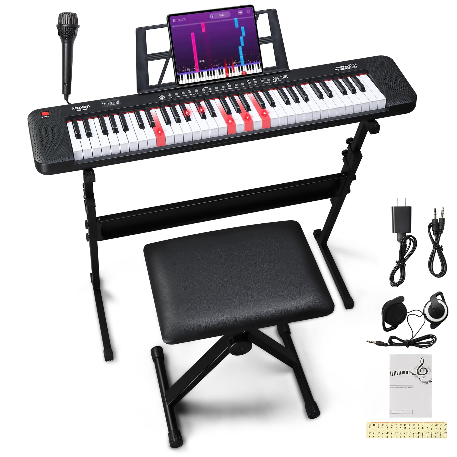 Ktaxon 61 Key Keyboard Piano Electric Keyboard w/Lighted Keys, Electric Piano Set with Headphones, Microphone, Music Rest, Power