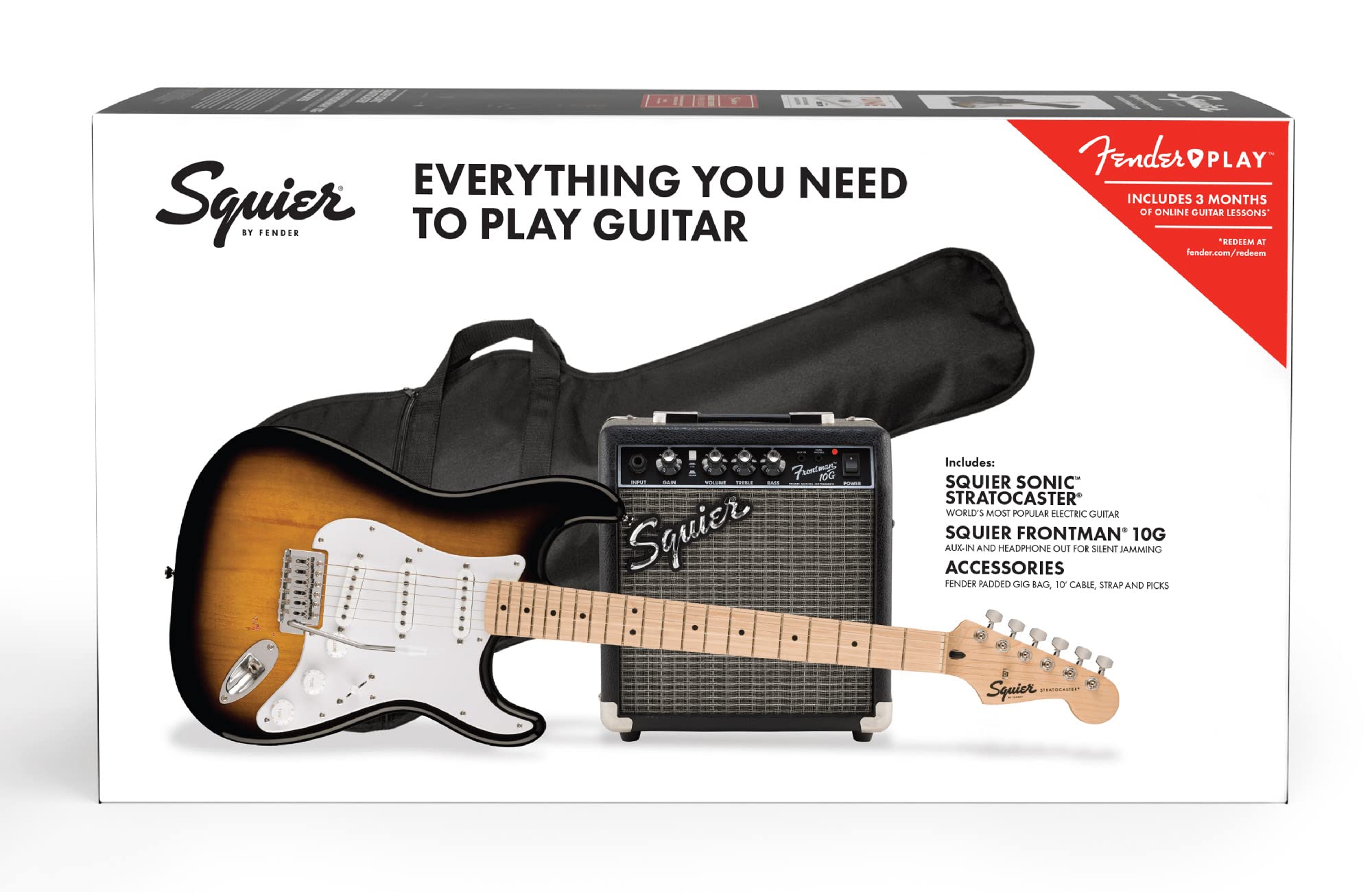 Fender Squier Sonic Strat Pack - 2-Color Sunburst Bundle with Frontman 10G Amp, Gig Bag, Tuner, Strap, Cable, Picks, Fender Play