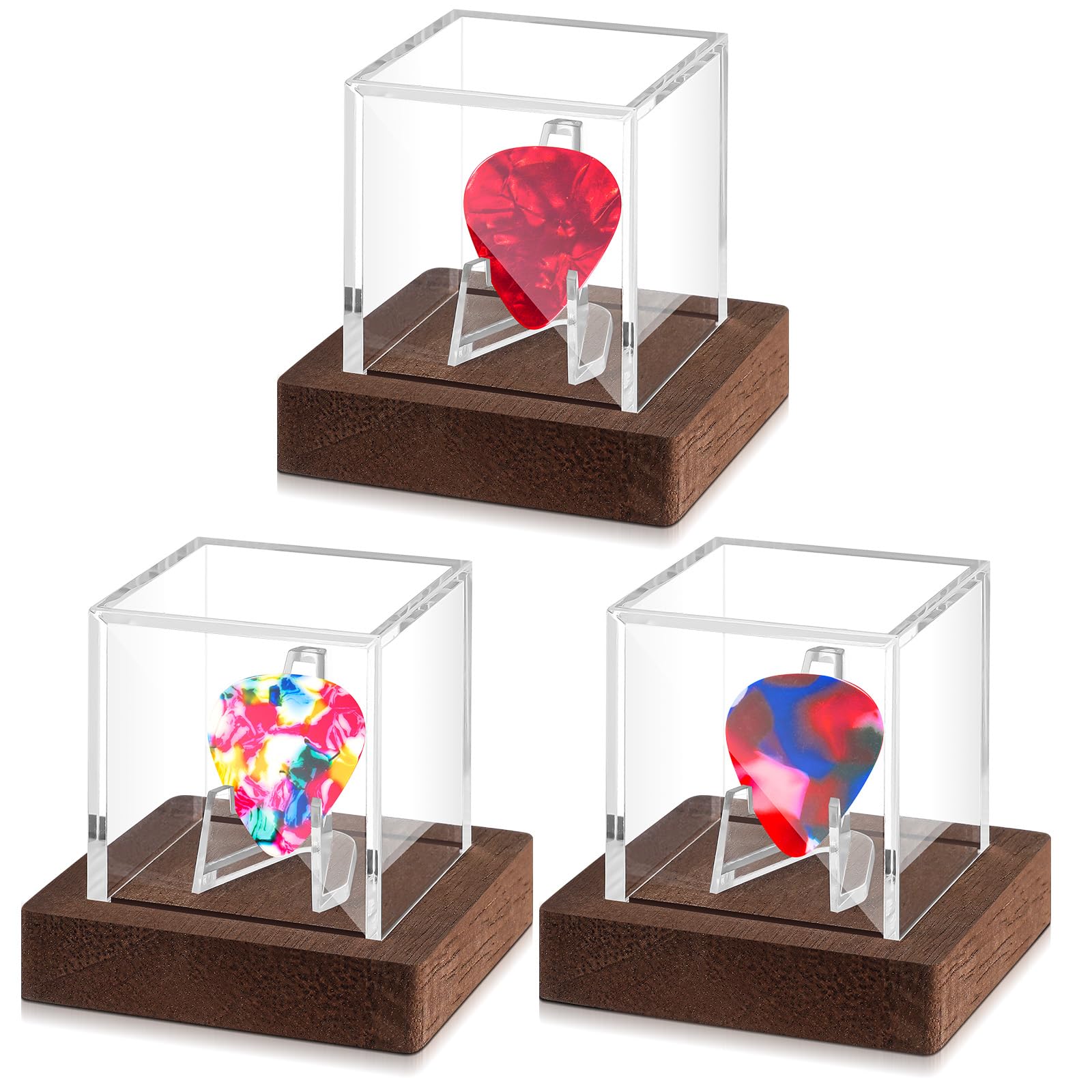 DoubleFill 3 Pcs Acrylic Guitar Pick Display Box Case with Wooden Base Clear Guitar Pick Holder Storage Box for Collectible Pick