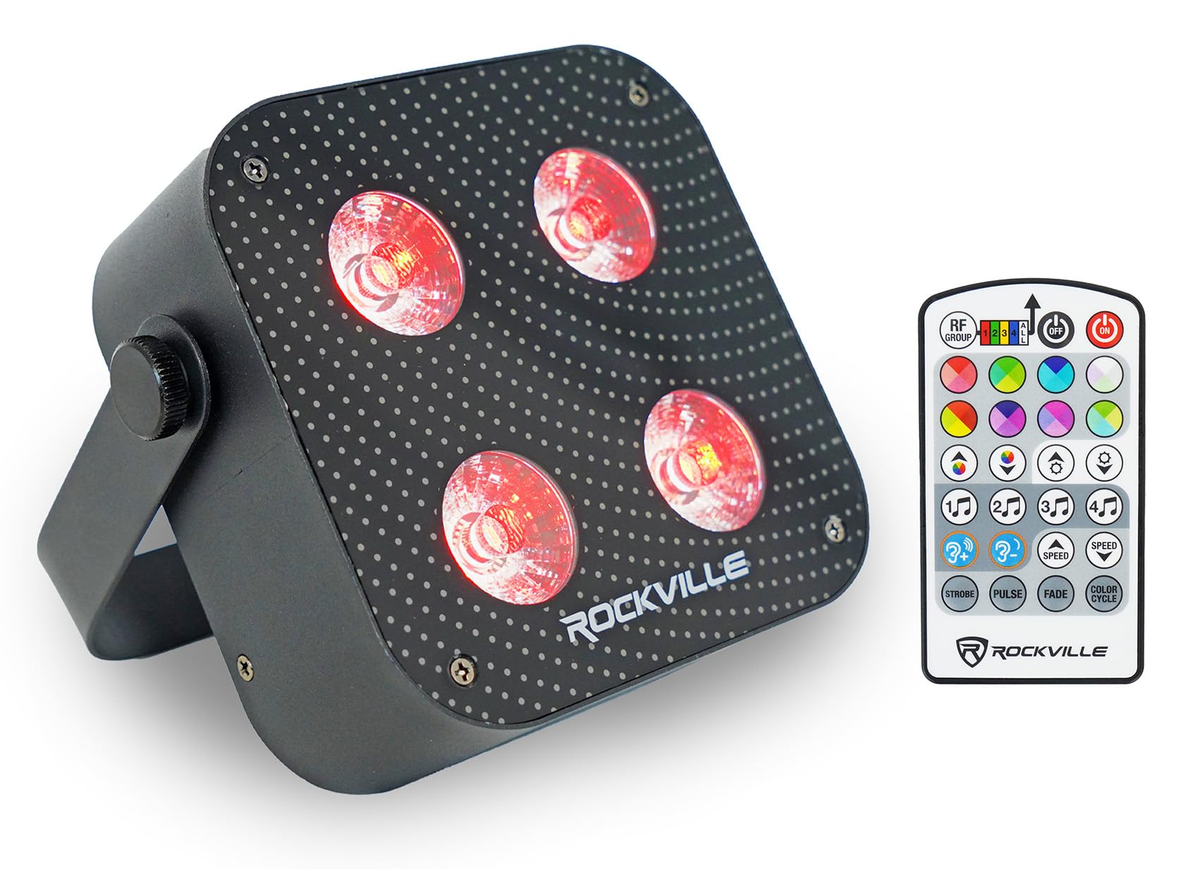 Rockville MINI RF4 V2 Black LED Wash Up Light, RGBWA+UV, Compact, App, Remote Control, LCD, Wireless DMX, Rechargeable, Perfect 