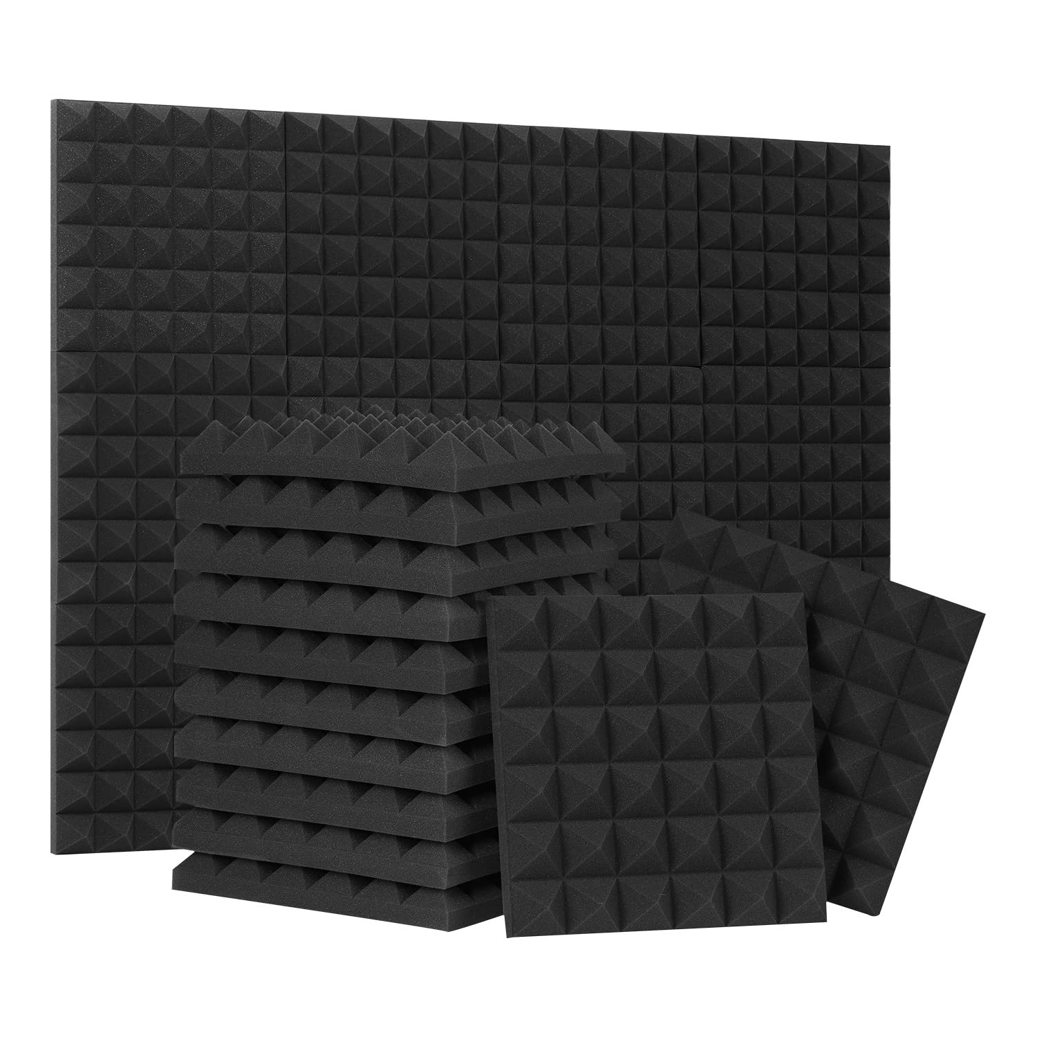 24 Pack-12 X 12 X 2 Inches Pyramid Designed Acoustic Foam Panels, Sound Proof Foam Panels Black, High Density And Fire Resistant