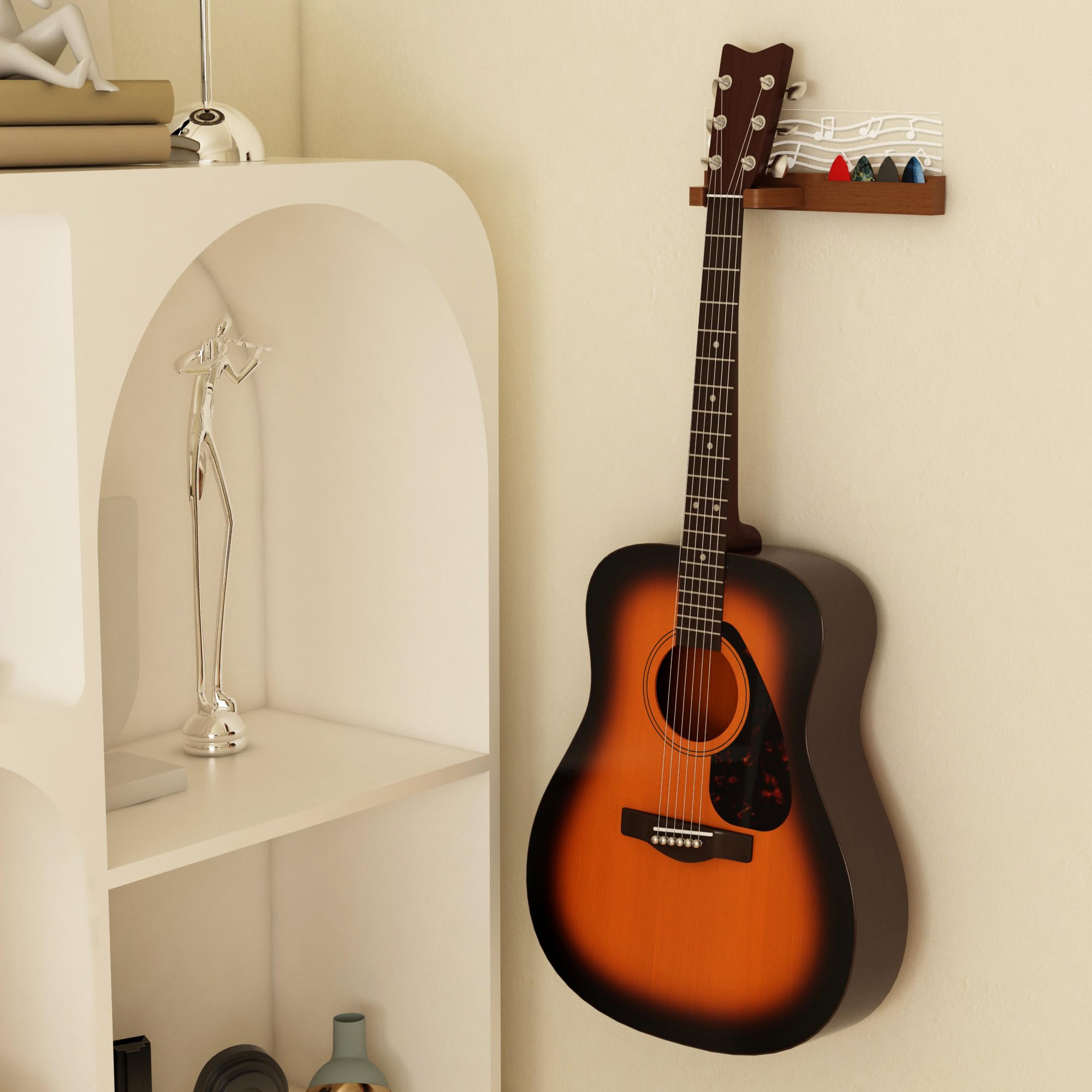 CoolGift Mart Light Up Guitar Stand Wall Mount, Solid Wood Guitar Hanger Shelf with Pick Holder, for Acoustic Electric Bass Ukul