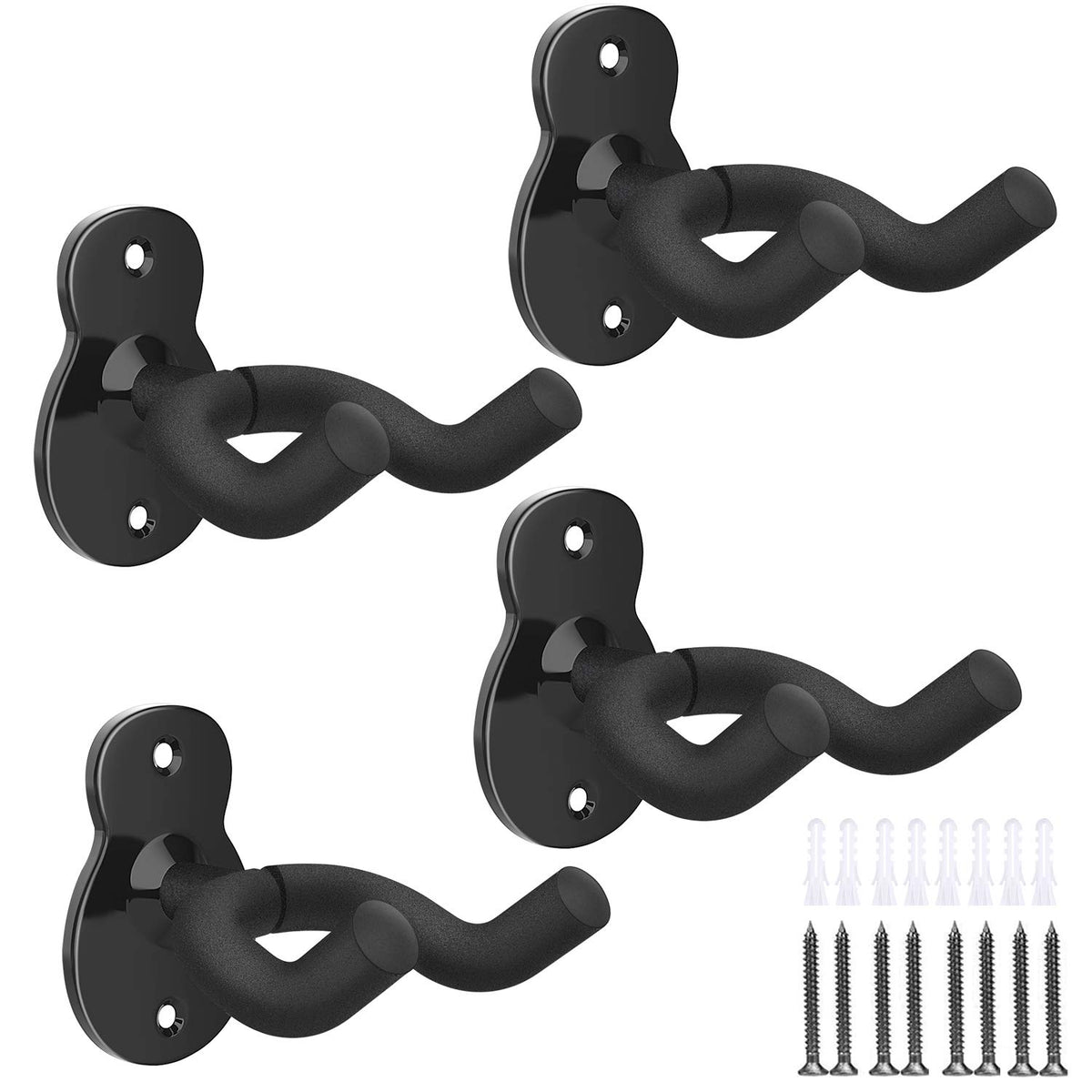 Moko Guitar Wall Mount Hanger 4-Pack, Universal Wall Hook Holder For Bass, Electric, Acoustic Guitar, Ukulele - Black
