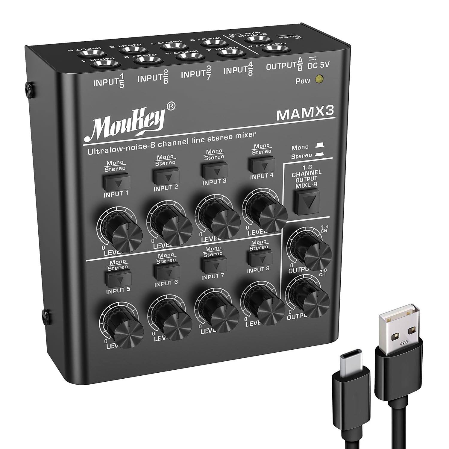 Moukey Audio Mixer, DC 5V, 8 Stereo Ultra, Low Noise 8 Channel Line Mixer for Sub-Mixing, for Small Clubs or Bars, As Guitars, B