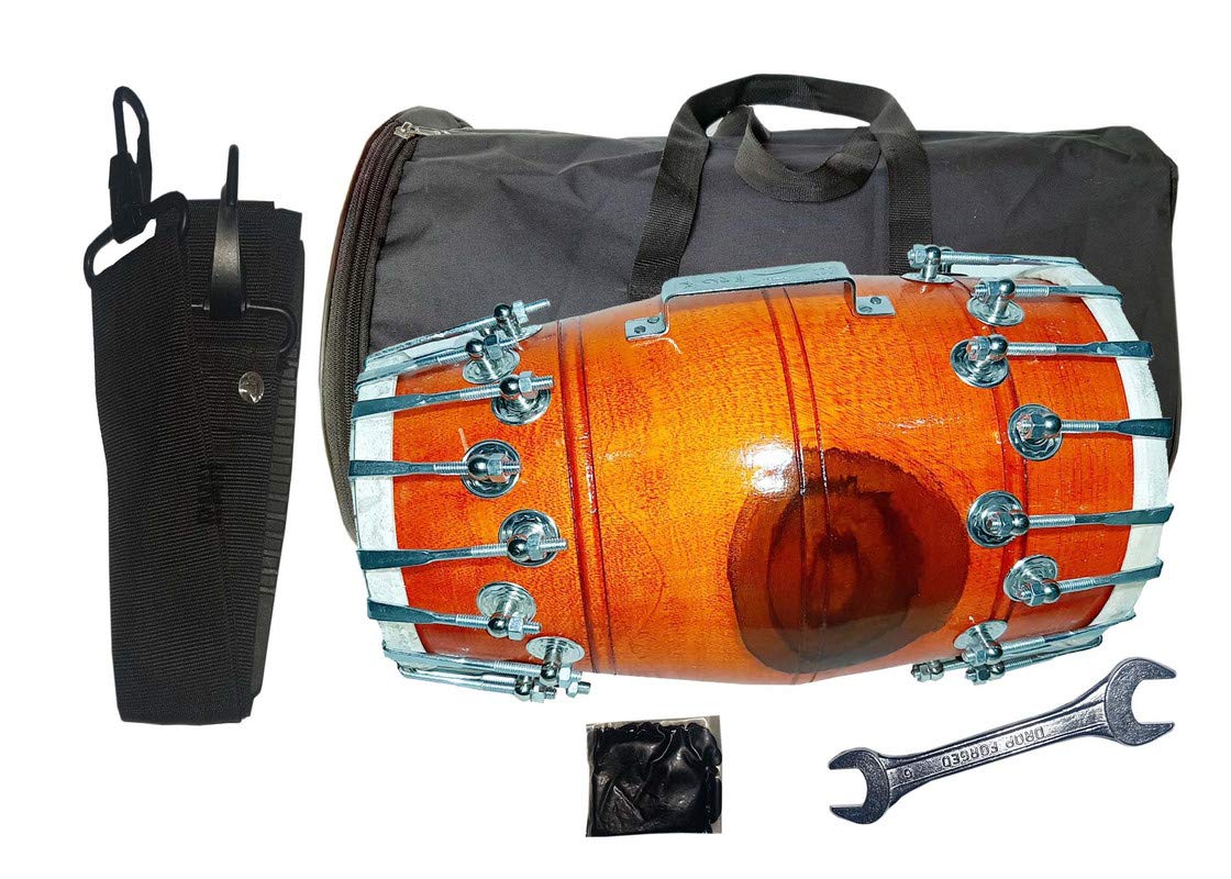 Gt Manufacturers Wooden Musical Instrument Dholak Drum Ornge 36 Nuts & Bolt Design1 With Full Tool Kit (Brown)