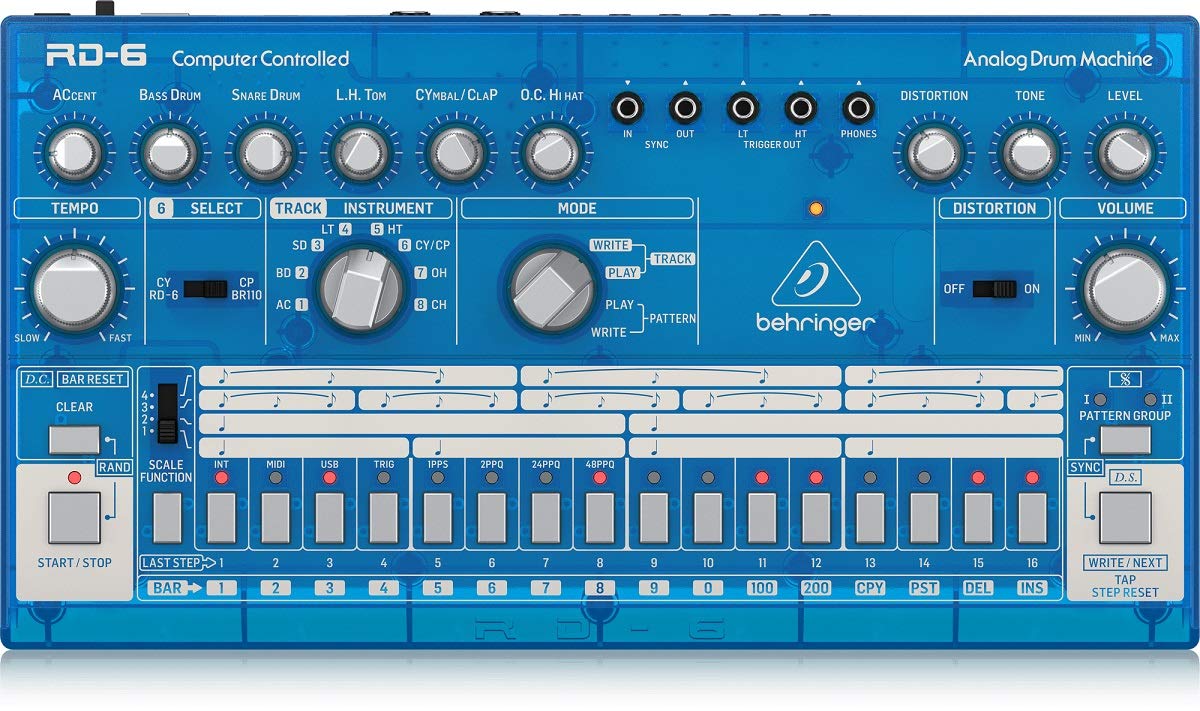 Behringer RHYTHM DESIGNER RD-6-BB Analog Drum Machine with 8 Drum Sounds, 64 Step Sequencer and Distortion Effects