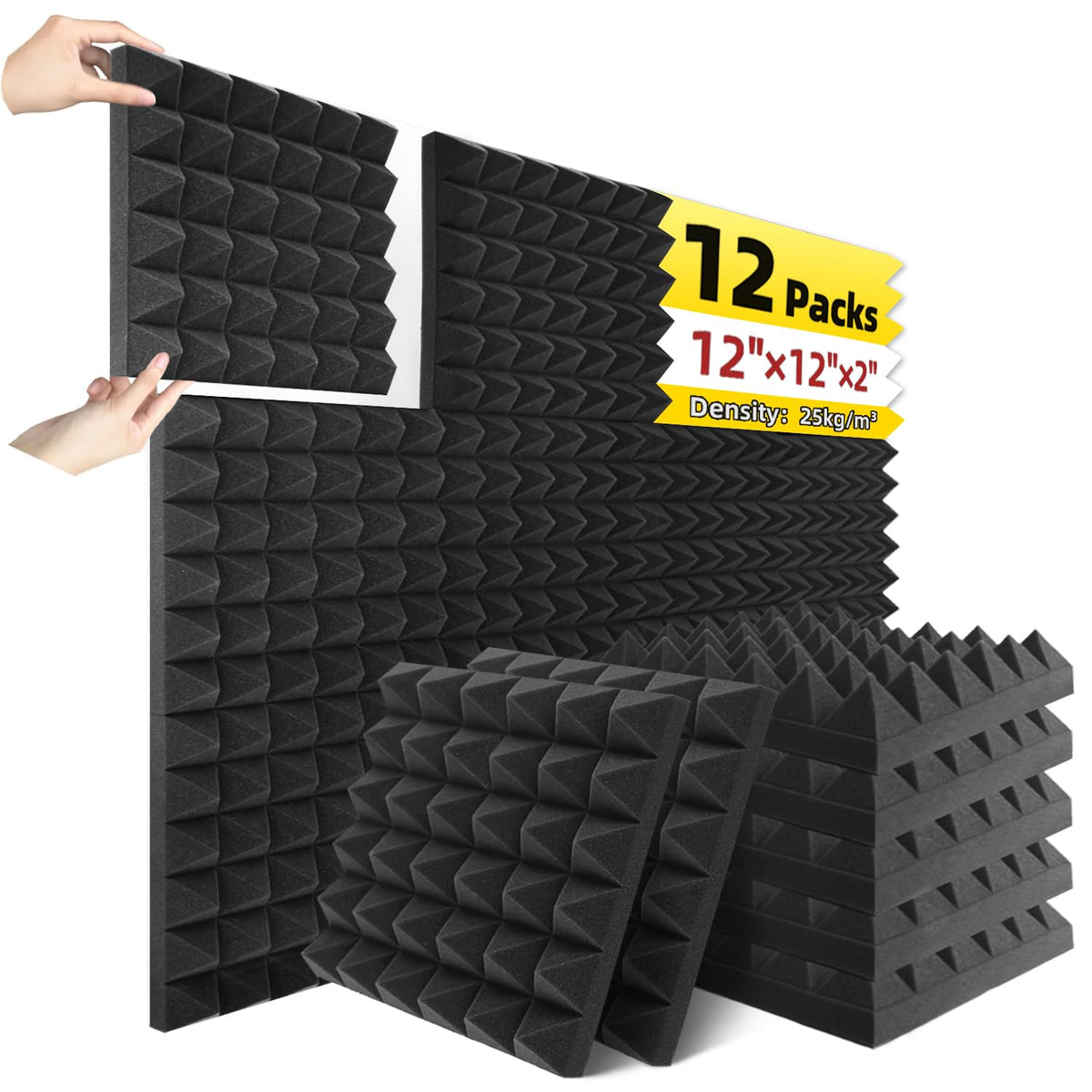 Sonicreative 12 Pack Pyramid Acoustic Foam Panels 1'' X 12'' X 12'' High Density Soundproof Foam Panels For Wall, Quick-Recovery