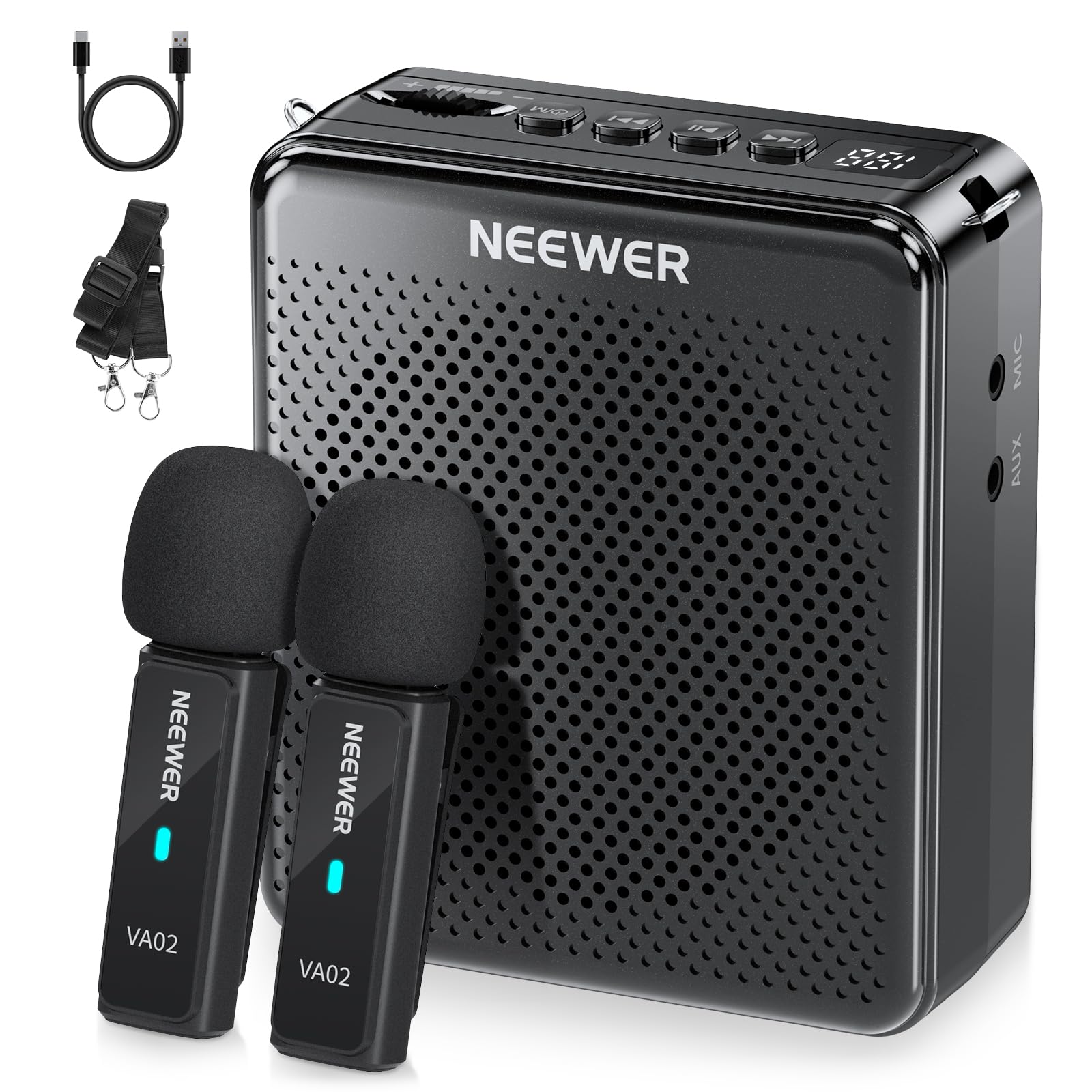 NEEWER VA02 Voice Amplifier with Wireless Microphone, Portable Mini USB C Rechargeable Noise Cancelling Sound Speaker Megaphone 