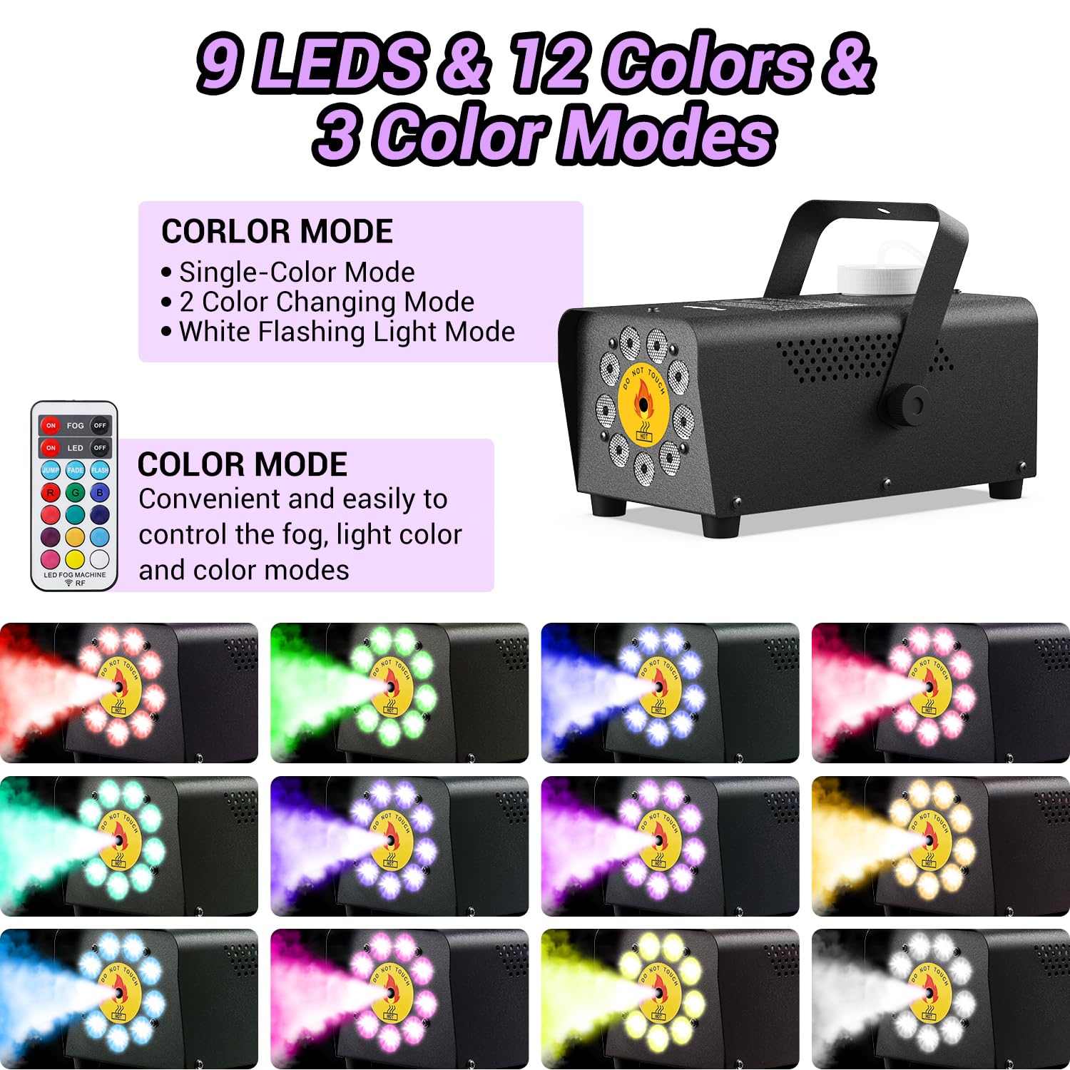 Smoke Machine, Theefun Fog Machine 2500CFM with 9 LED 12 Color Lights Strobe Effect Portable 350ml Big Tank Capacity Stage Smoke
